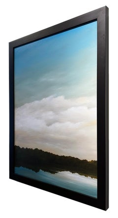 River Bank - Dramatische Landschaft, weiße flauschige Wolken über dem Fluss, Original Ölgemälde