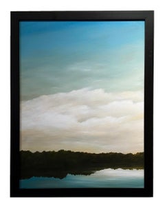 Tableau de la rivière River Bank, paysage dramatique, nuages blancs et moelleux au-dessus de la rivière