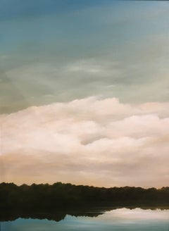 River Bank - Dramatic Landscape, White Fluffy Clouds Over River, Original Oil
