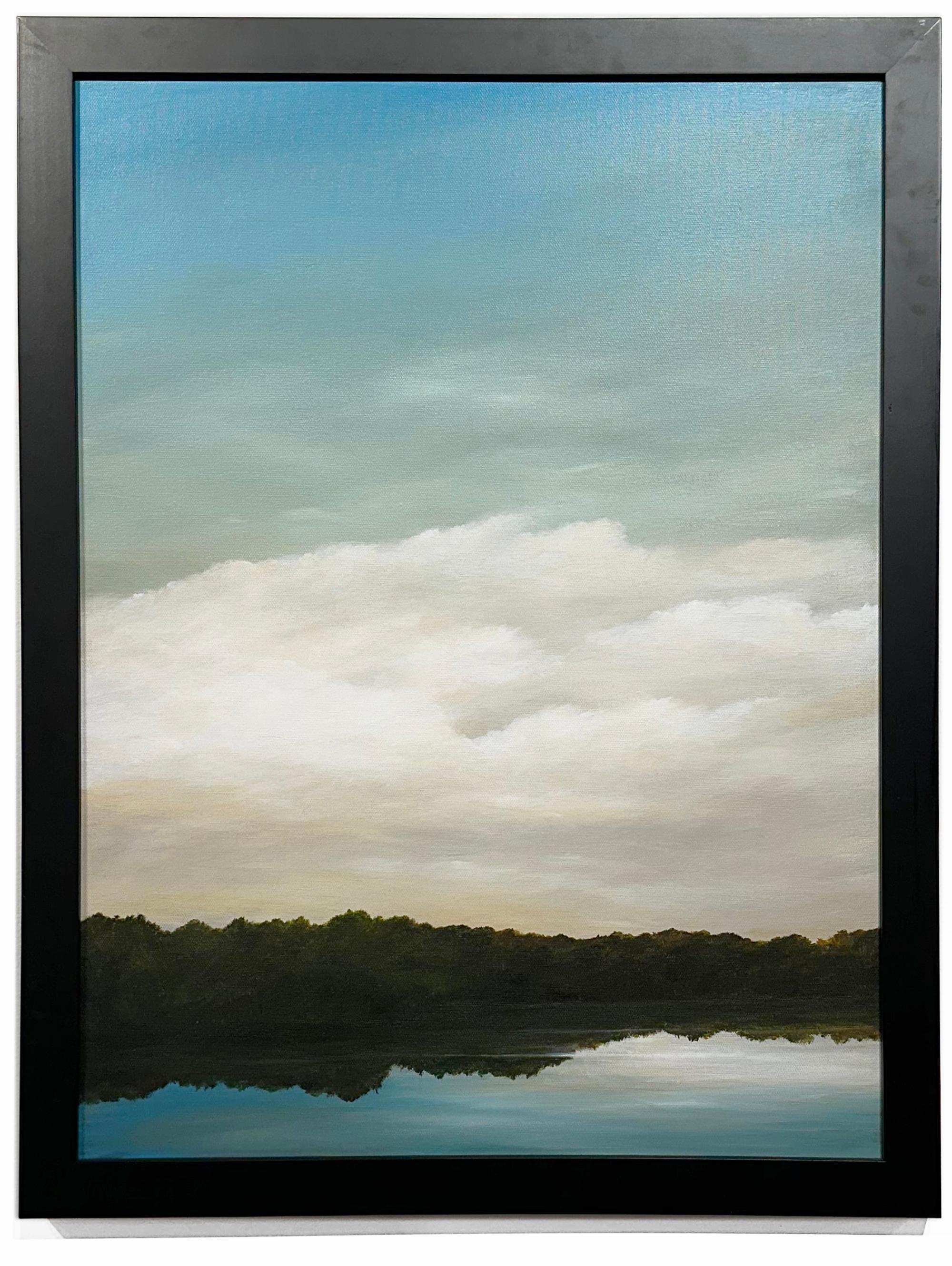 River Bank - Dramatic Landscape, White Fluffy Clouds Over River, Original Oil