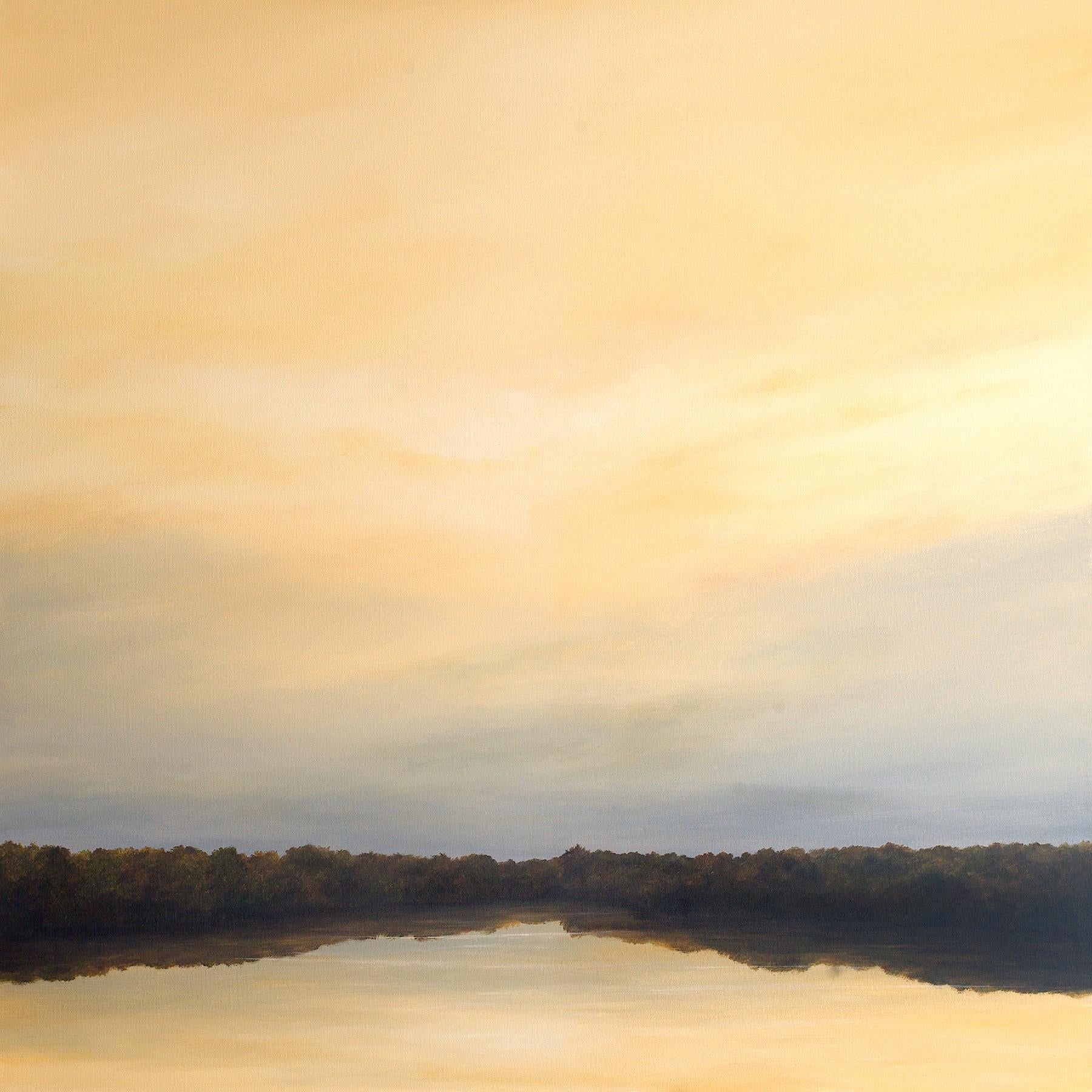 Ahzad Bogosian Landscape Painting – Flussreflexionen #1 – Ölgemälde mit Bäumen, die in Goldtönen reflektiert sind