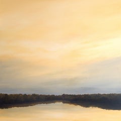 Reflections de rivière n°1 - Peinture à l'huile avec des arbres reflétés dans l'eau dans des tons dorés