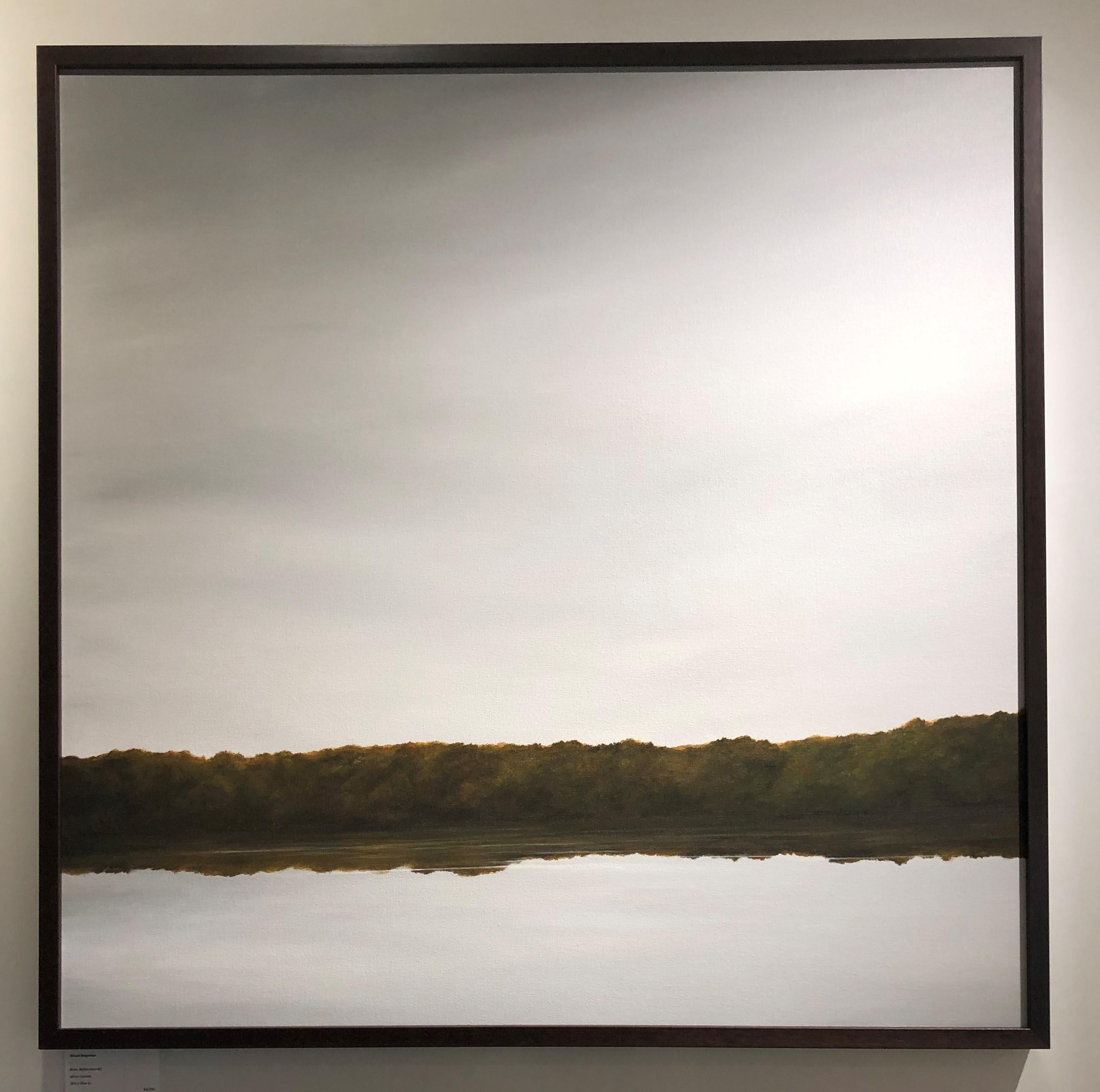 River Reflections #2 - Minimalist Oil Painting of Gray Sky Reflected in Water (Grau), Landscape Painting, von Ahzad Bogosian