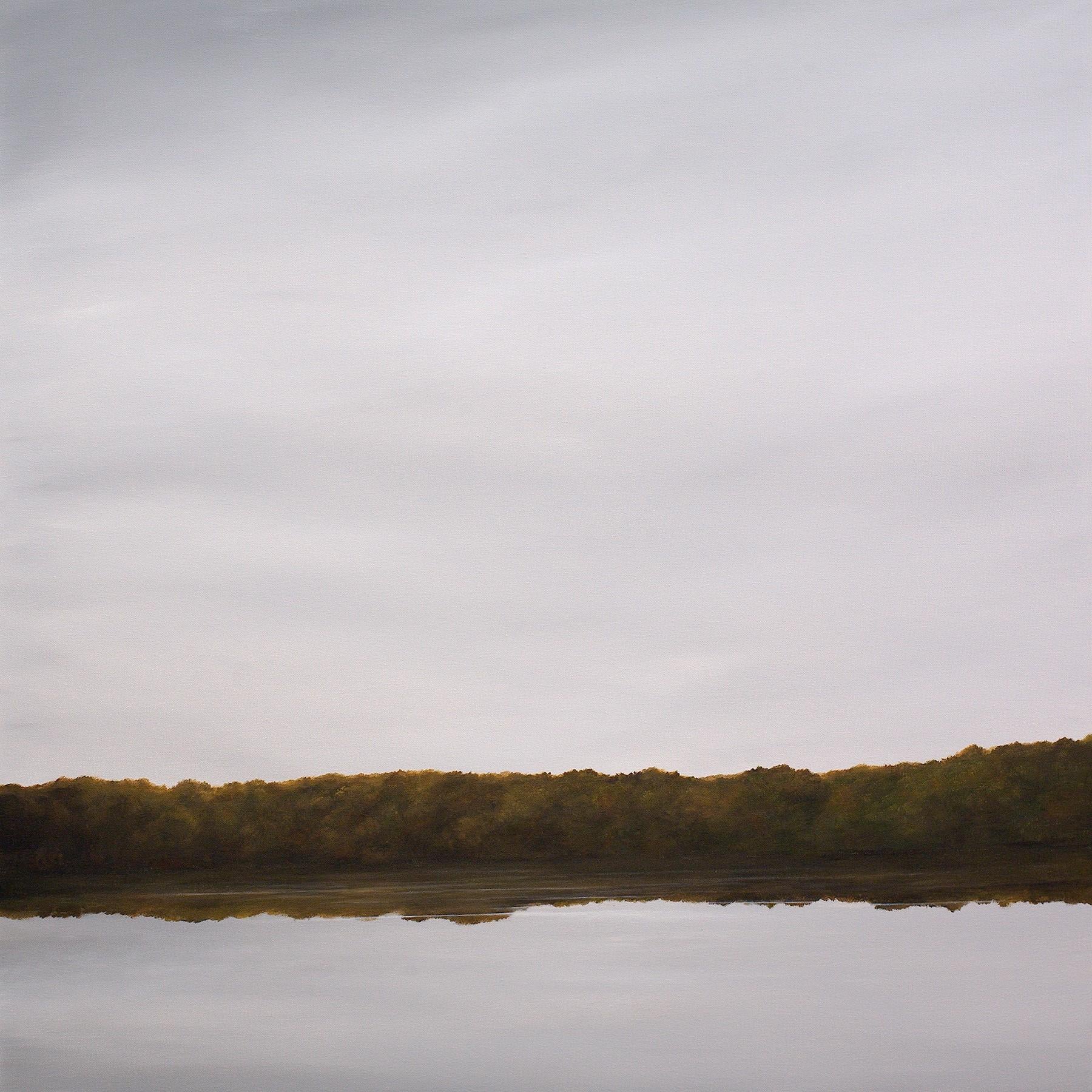 Ahzad Bogosian Landscape Painting – River Reflections #2 - Minimalist Oil Painting of Gray Sky Reflected in Water