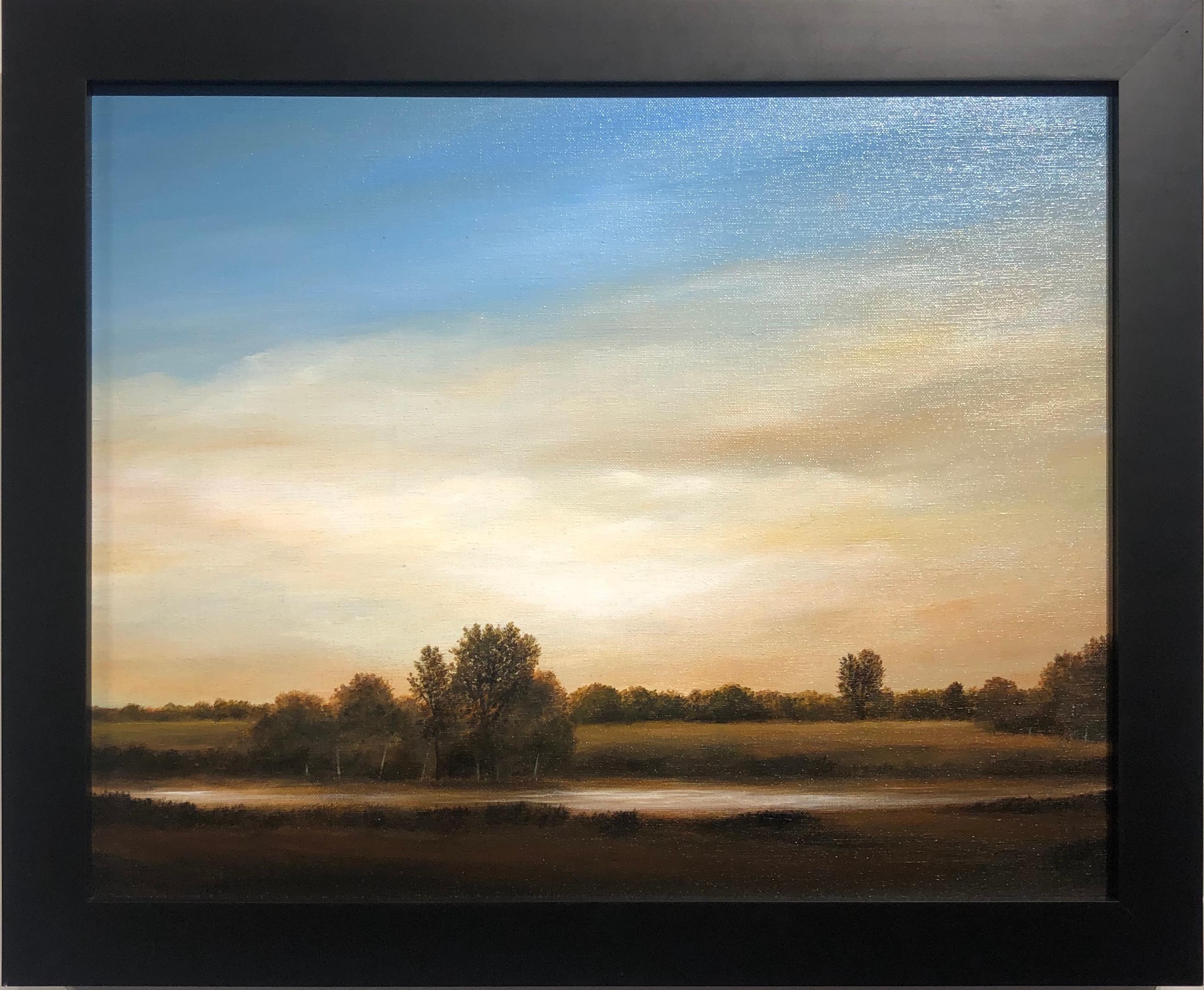 Streams of Bloomington, Serene Landscape with Vast Hazy Blue Sky, Framed - Painting by Ahzad Bogosian