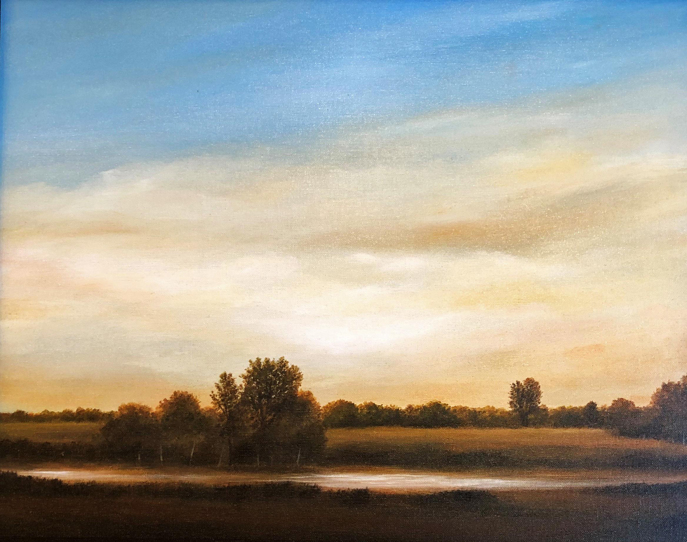 Ahzad Bogosian Landscape Painting -  Streams of Bloomington, Serene Landscape with Vast Hazy Blue Sky, Framed