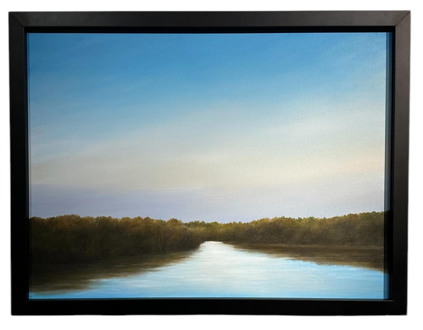 Landscape Painting Ahzad Bogosian - The Chicago River at Howard Street - Blue Skies, peinture à l'huile originale
