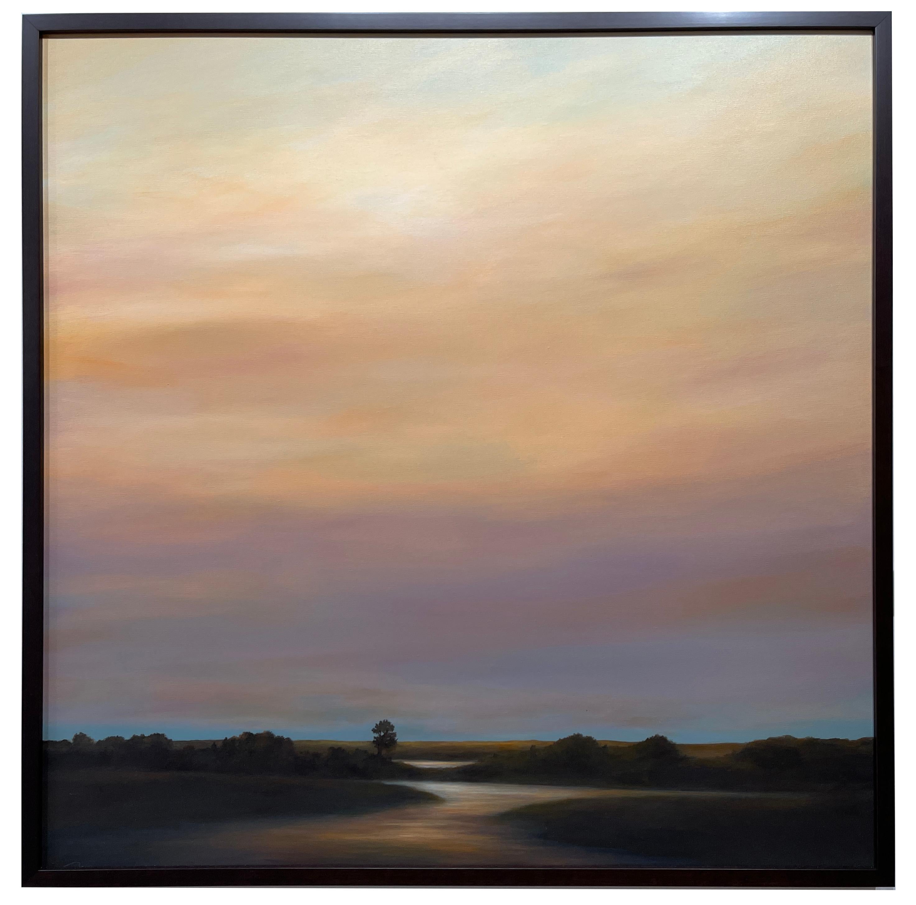 The Quiet Glow  Expansive Horizon in Hues of Gold & Purple, Original Oil, Framed - Painting by Ahzad Bogosian