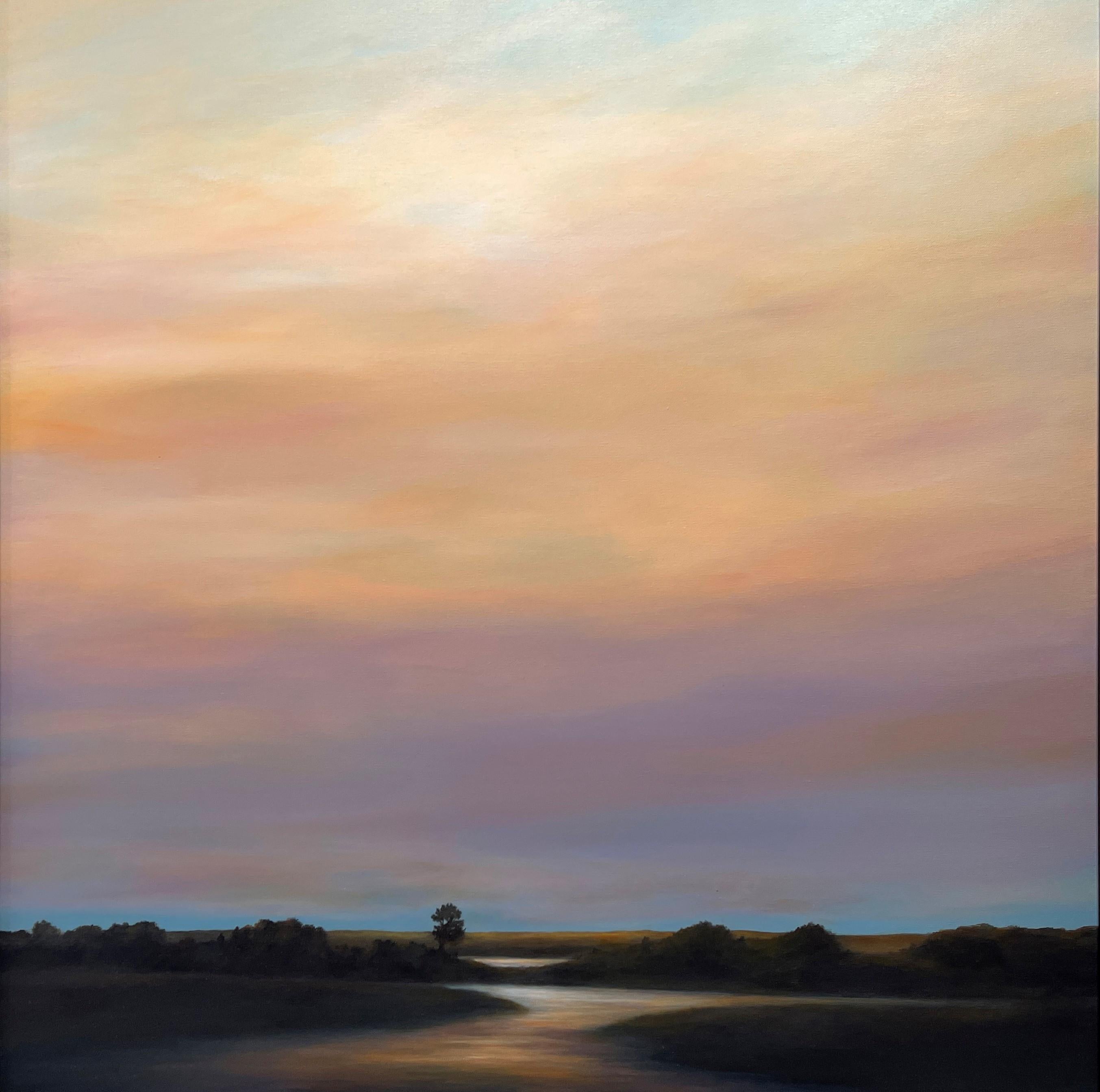 Ahzad Bogosian Landscape Painting - The Quiet Glow  Expansive Horizon in Hues of Gold & Purple, Original Oil, Framed