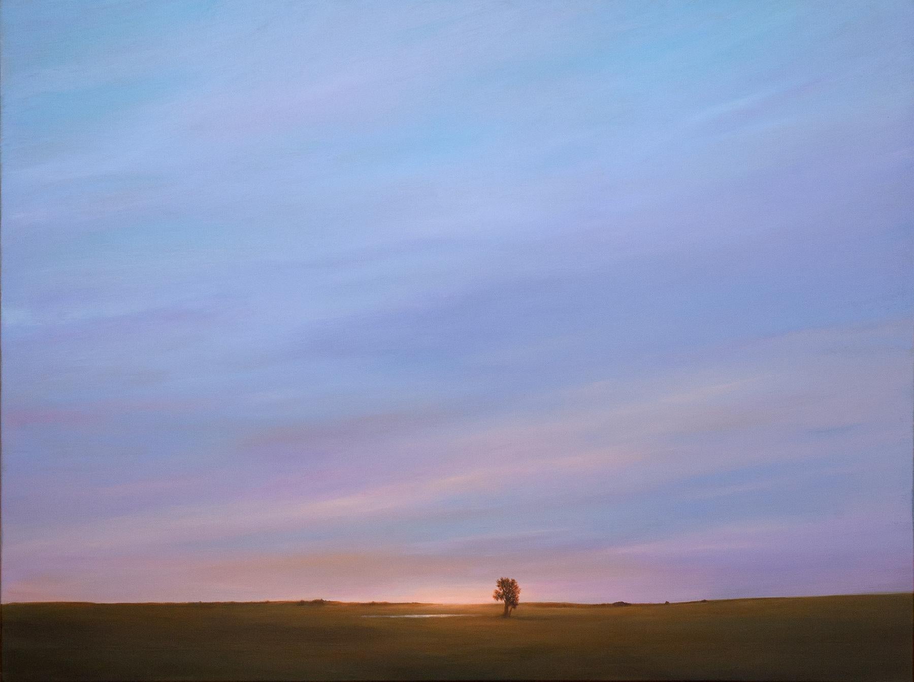 "The Sentinel at Dusk", Acrylic Landscape Painting on Canvas, Walnut Frame