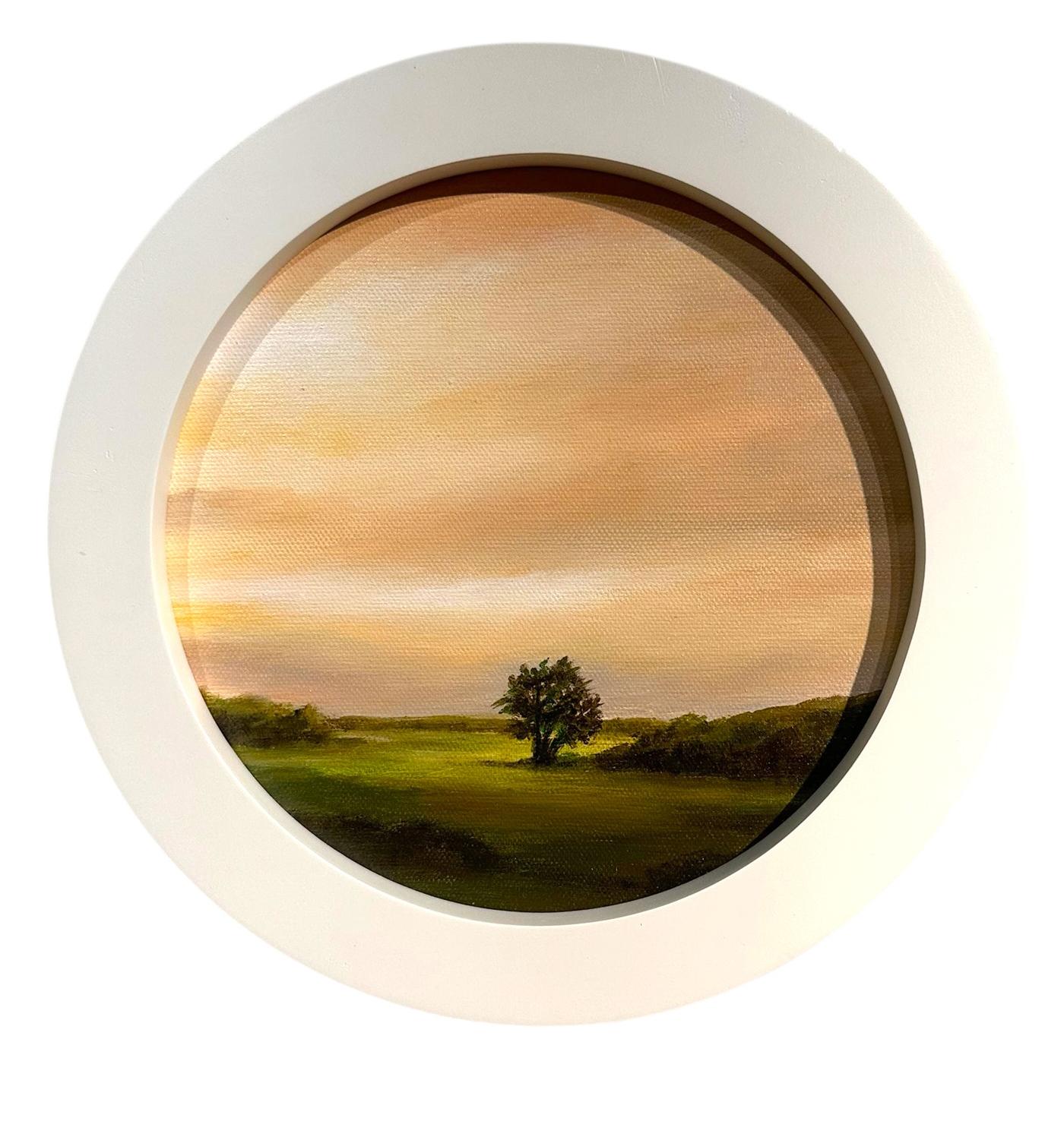 Albero e pascolo - Cielo arancione sul campo, Pittura ad olio originale, Formato tondo in vendita 2