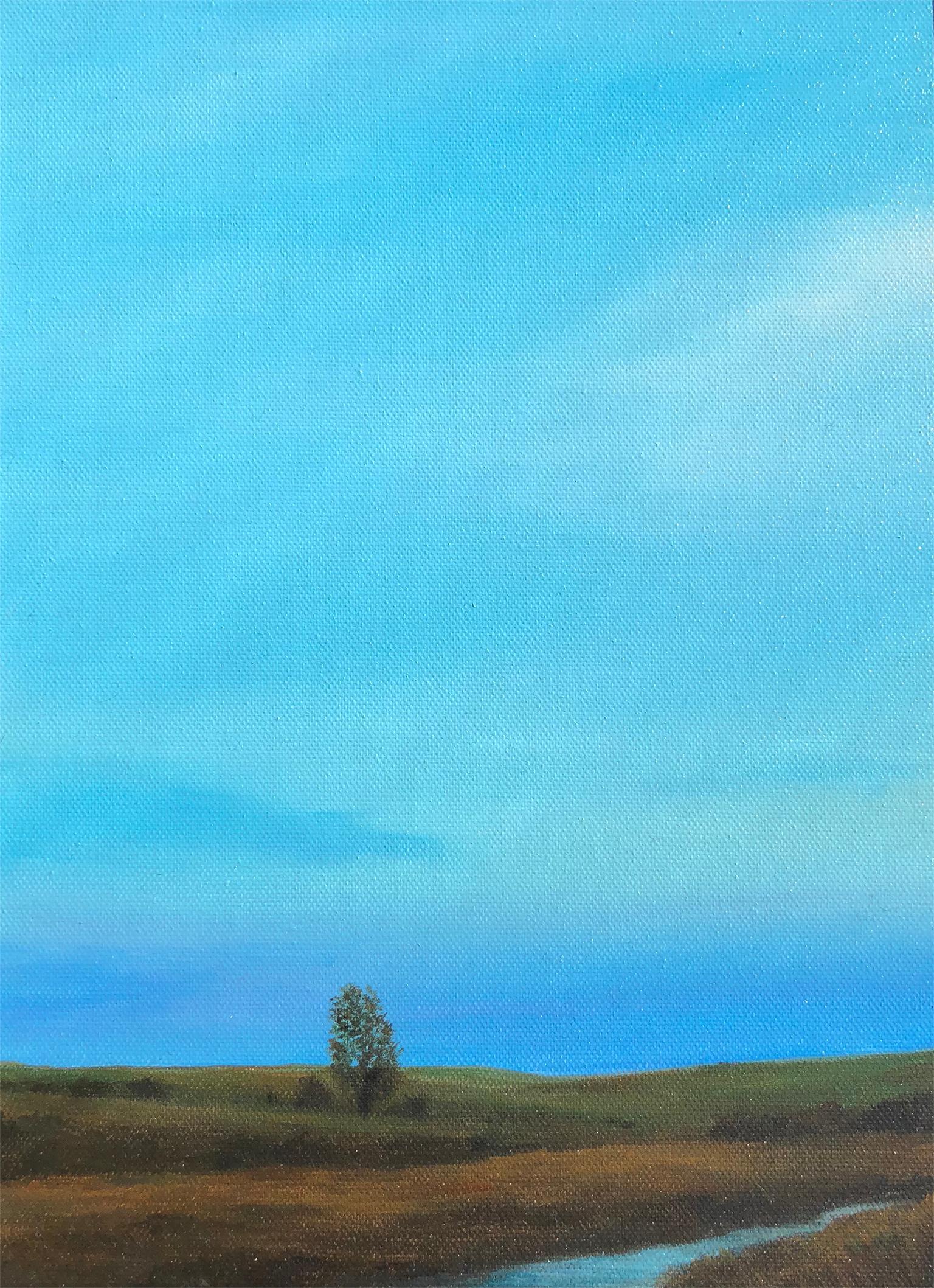 Ahzad Bogosian Landscape Painting - Tree and Stream, Serene Landscape with Vast Blue Sky and Single Tree, Framed