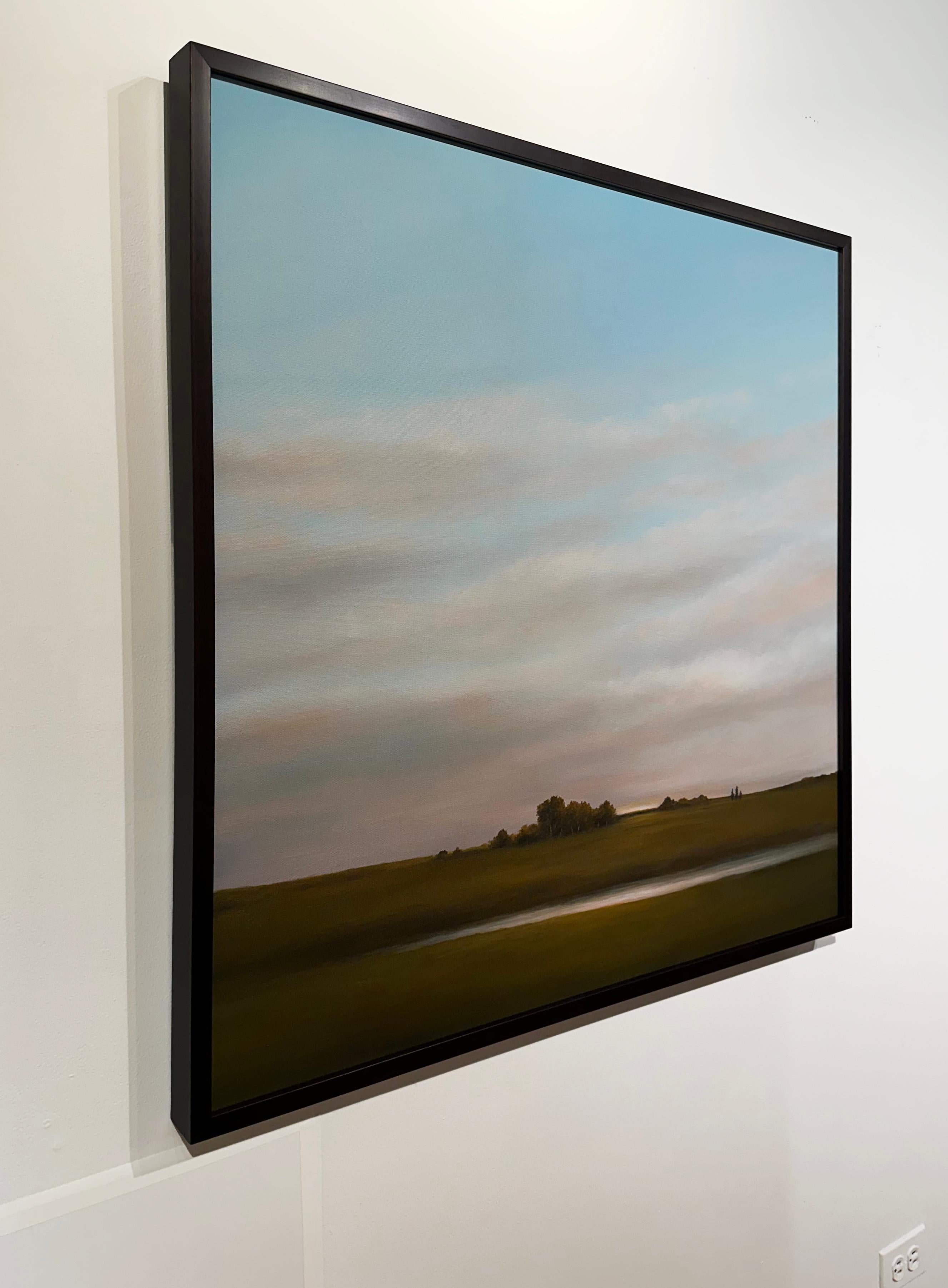 Ruptura de árbol, al este de Bloomington - Luz reflejada en el estanque, Pintura de paisaje - Landscape Painting Gris de Ahzad Bogosian