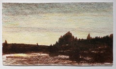 Trees and Lake - Colored Pencil Drawing , Nature Silhouette, Matted and Framed