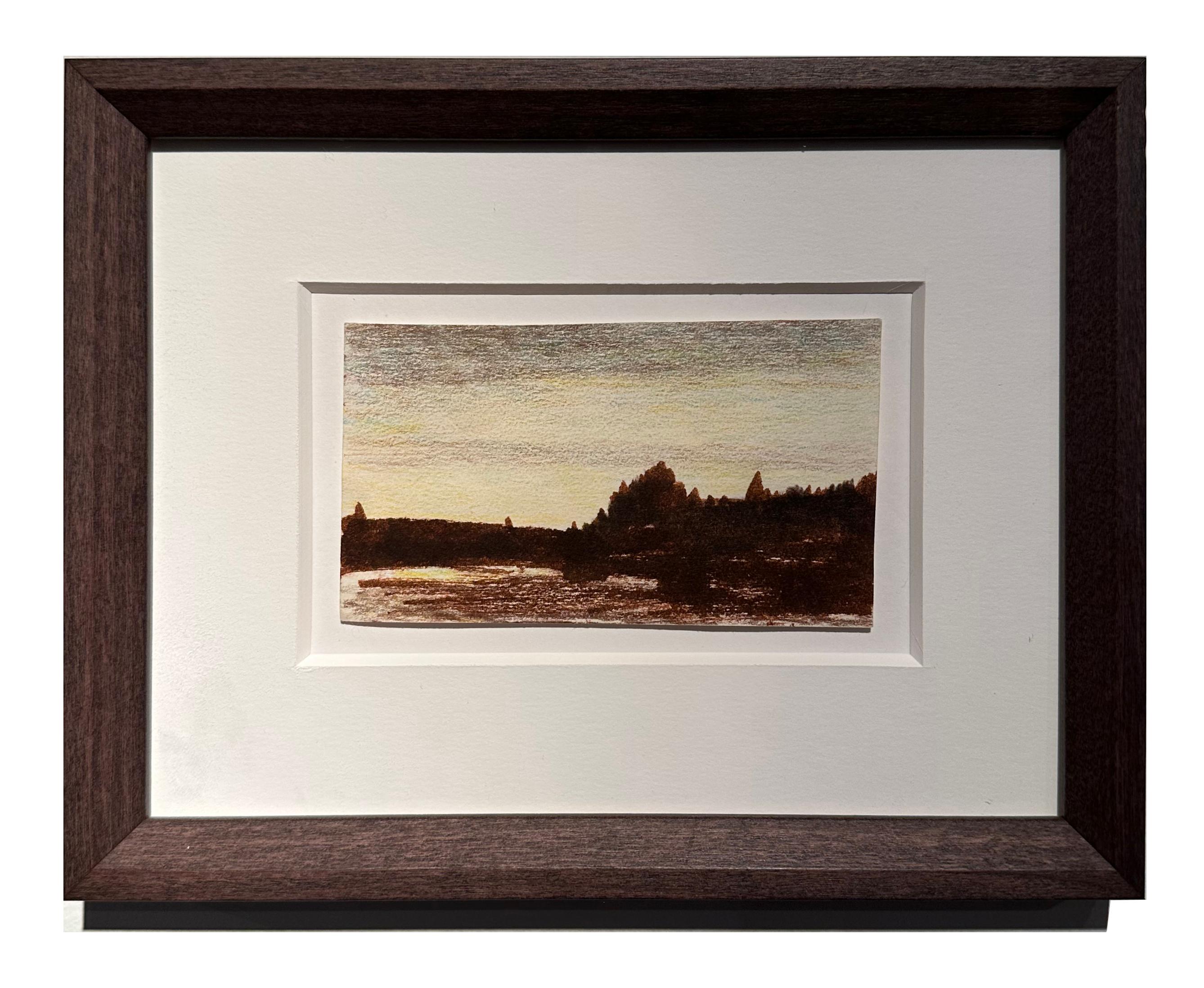 Ahzad Bogosian Landscape Painting - Trees and Lake - Colored Pencil Drawing , Nature Silhouette, Matted and Framed