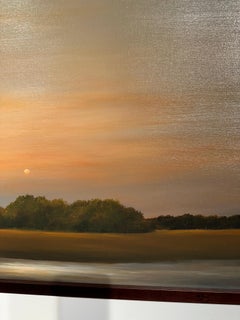 Twilight on the Creek - Orange Skies over field and river, Original oil painting