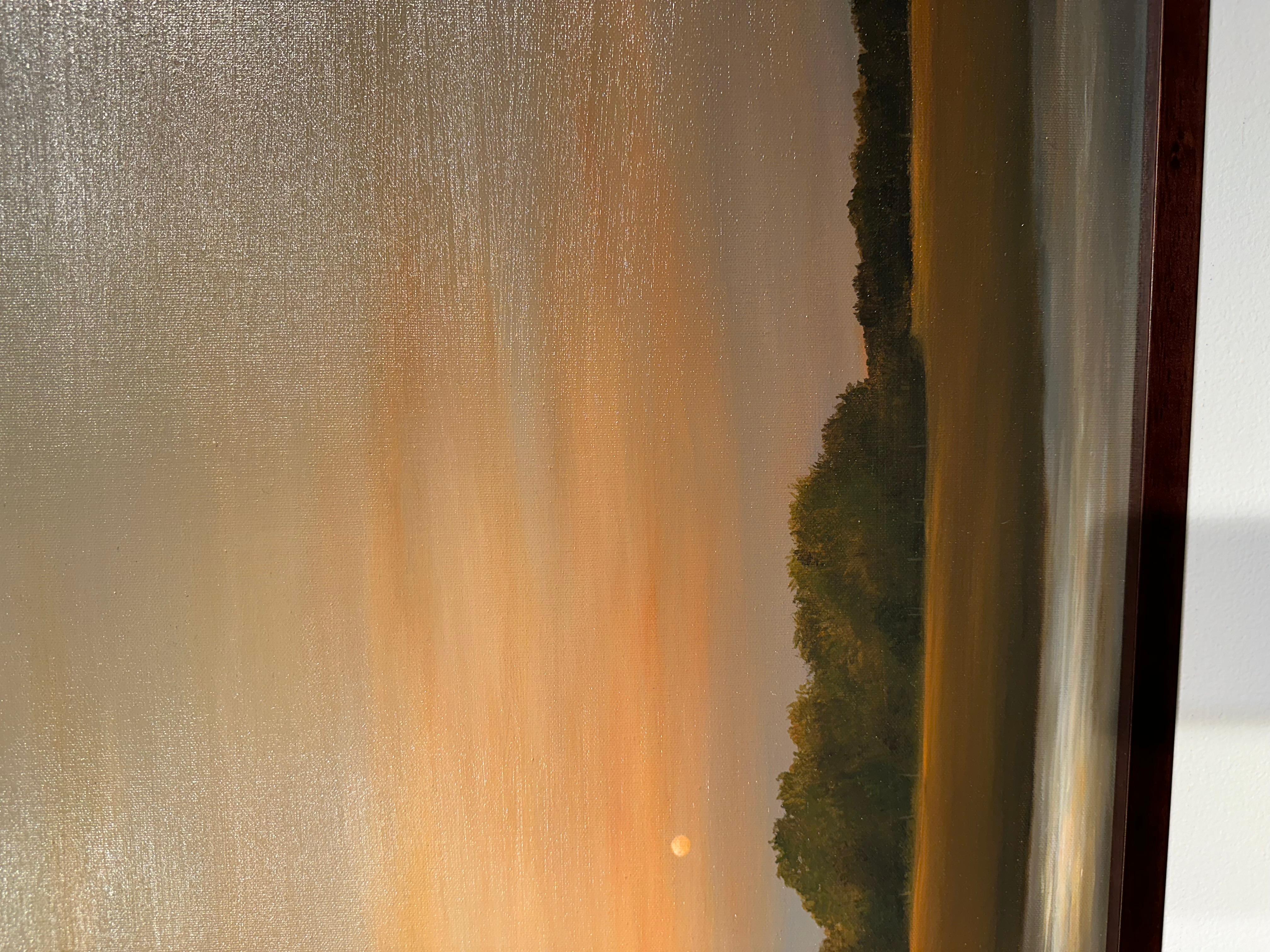 Crepúsculo en el arroyo - Cielos anaranjados sobre el campo y el río, Pintura al óleo original - Painting de Ahzad Bogosian