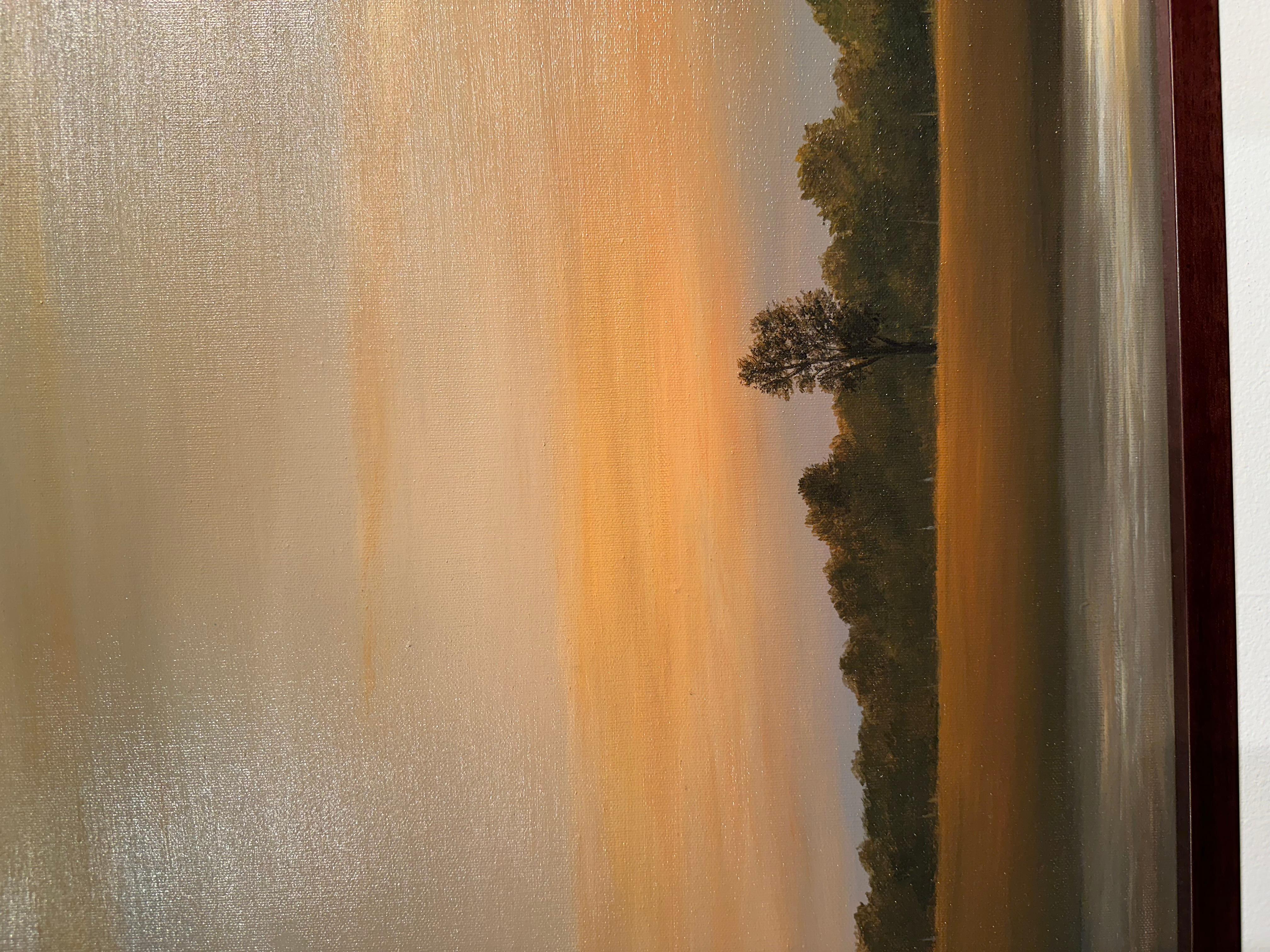 Crepúsculo en el arroyo - Cielos anaranjados sobre el campo y el río, Pintura al óleo original - Landscape Painting Naranja de Ahzad Bogosian