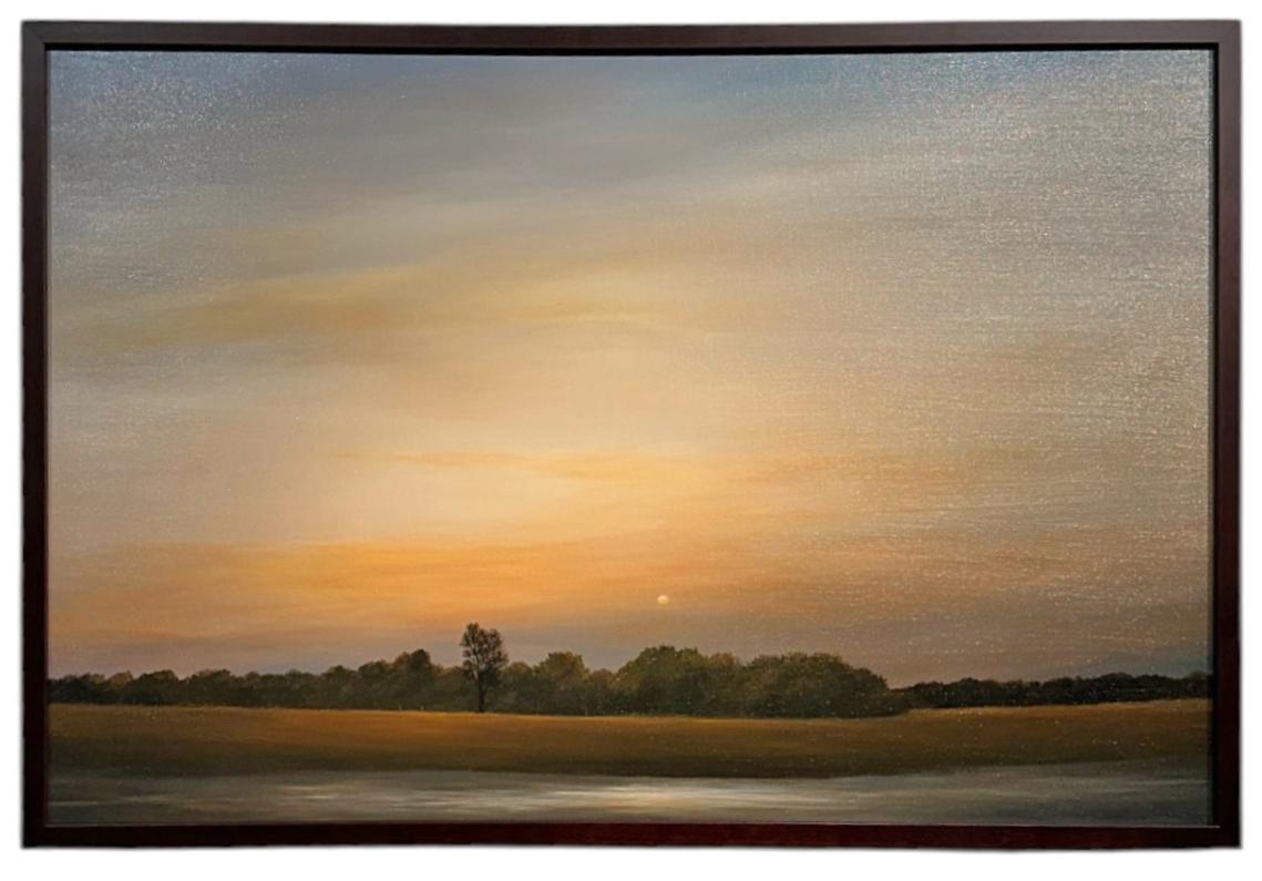 Landscape Painting de Ahzad Bogosian - Crepúsculo en el arroyo - Cielos anaranjados sobre el campo y el río, Pintura al óleo original