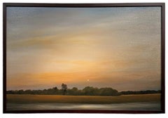 Twilight on the Creek - Orange Skies over field and river, Original oil painting