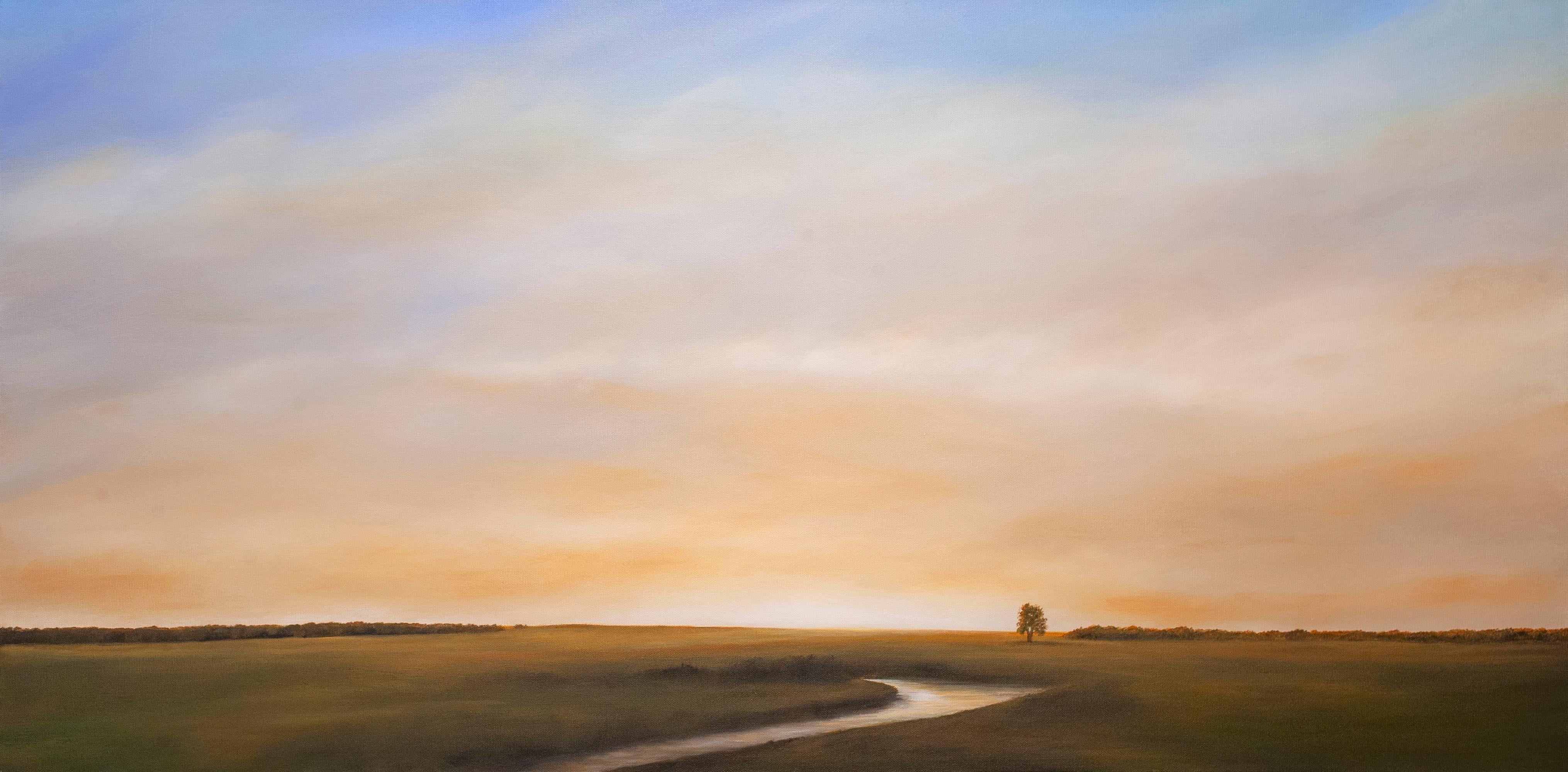 „Twilight Song“, Landschaftsgemälde auf Leinwand, gerahmt in Nussbaum, Realismus