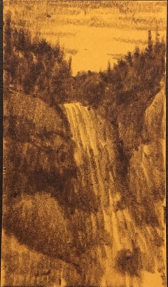 Waterfall - Original, Small Pencil Drawing, Landscape on Orange Paper , Framed