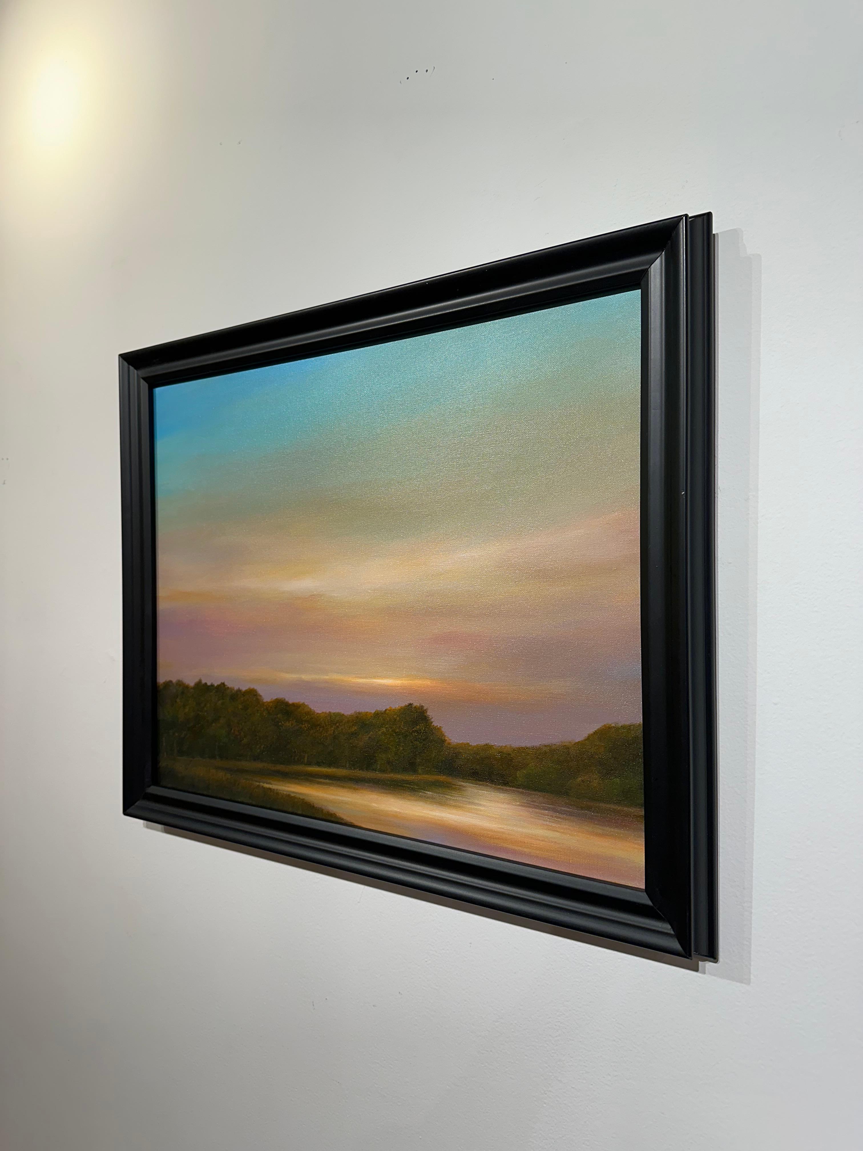 Welcoming Twilight on the North Branch of the Chicago River - Original painting - Gray Landscape Painting by Ahzad Bogosian