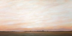 Ampio dipinto di paesaggio orizzontale, incorniciato in noce, pittura acrilica su pannello