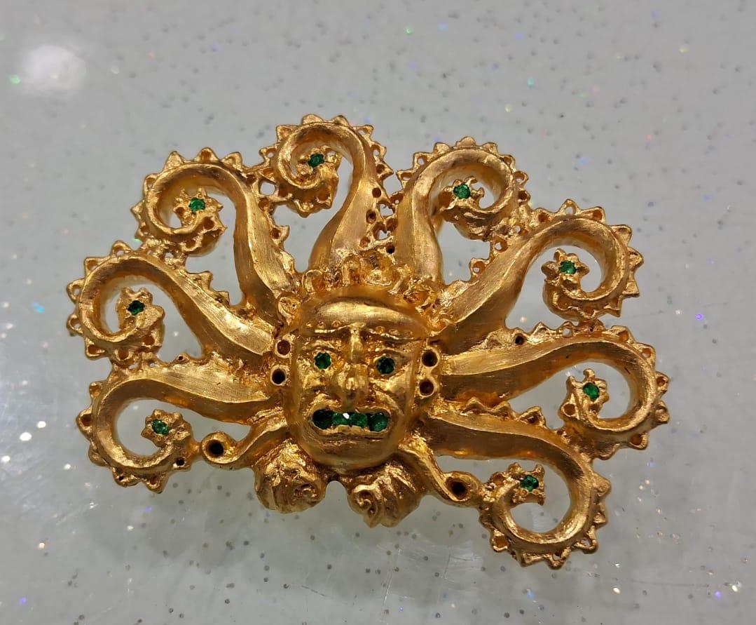 Revival Ai Apaec Octopus Frontlet in Silver, 24k Gold Plating & Emerald For Sale