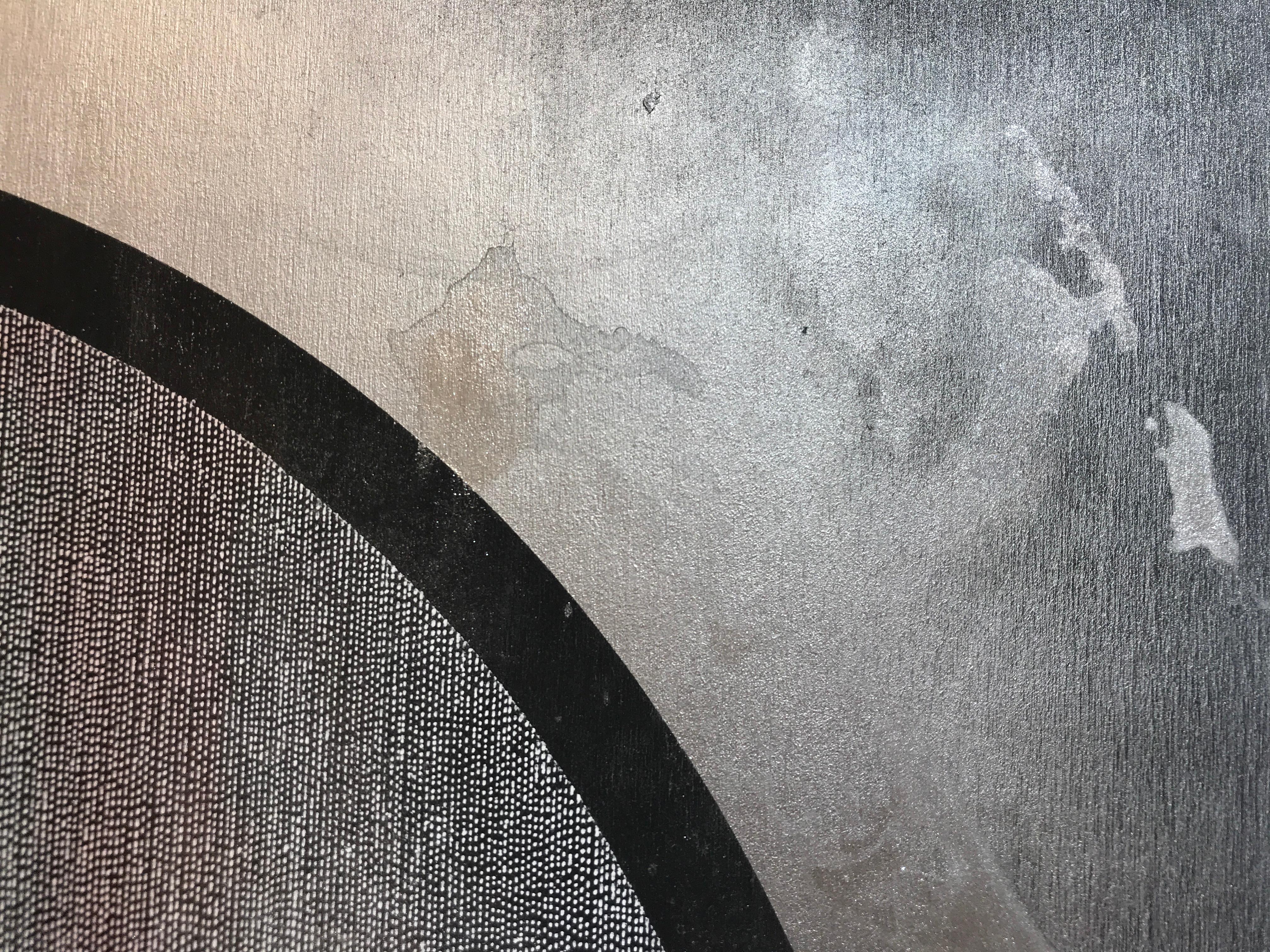 Ink, powder pigment and spray paint on panel 

The artist in her own words: 

I’ve been fascinated with detailed monochromatic works since the first time I saw the beautiful landscape drawings of my grandfather, a successful industrial designer. 