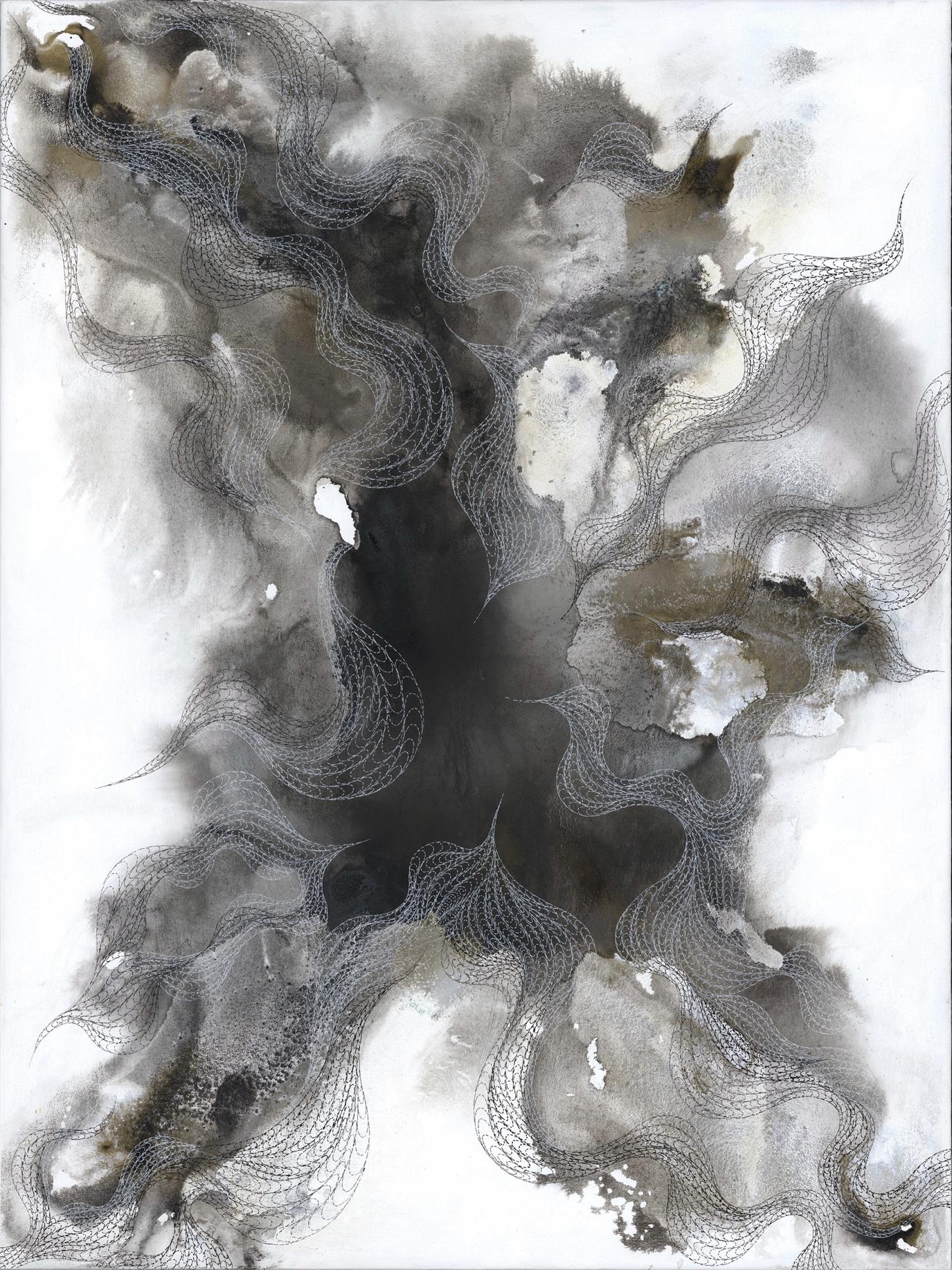 Ai Campbell Abstract Painting - Open #2, black white and metallic gestural atmospheric meditative abstraction