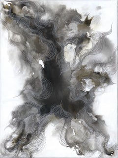 Open #2, black white and metallic gestural atmospheric meditative abstraction