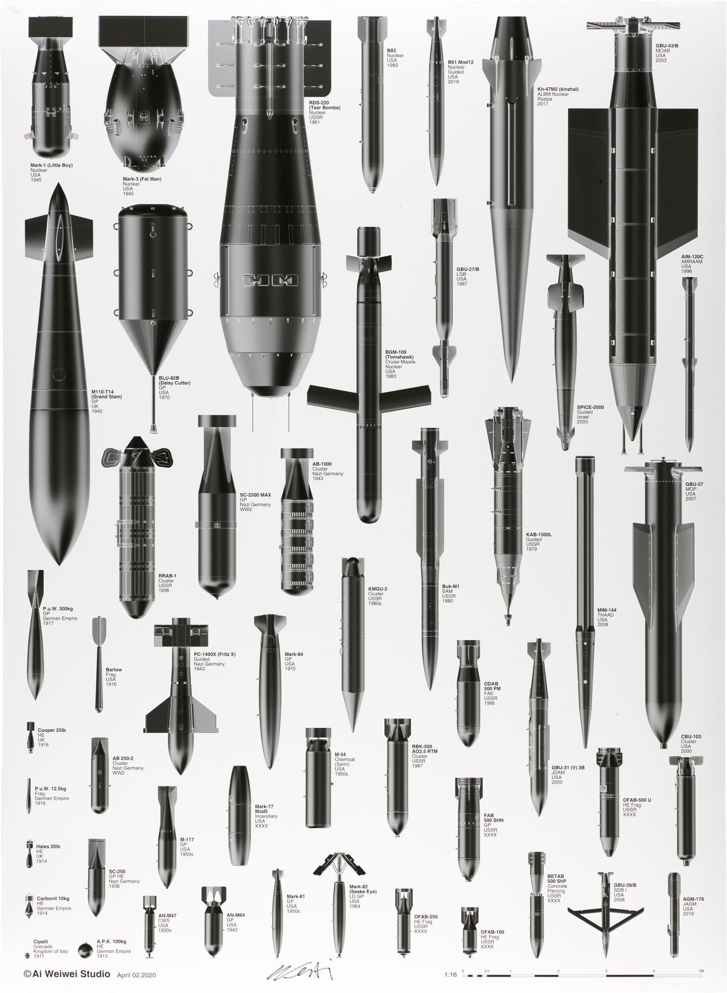 Ai Weiwei (Chinese, b. 1957)
Bomb, 2020
Medium: Fine art inkjet print, Hahnemüle German etching 310g paper
Dimensions: 95 x 130 cm (37 2/5 x 51 1/5 in)
Edition of 100 + 25 AP: Hand-signed and numbered, recto
Condition: Excellent