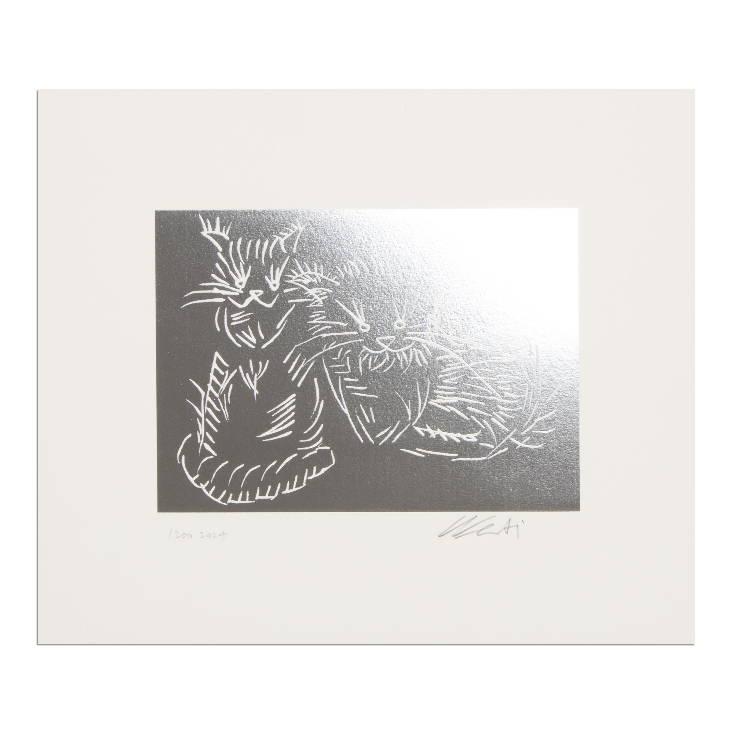 Ai Weiwei (chino, 1957)
Gatos (Plata), 2024
Soporte: Bloque de papel de plata sobre papel tejido
Dimensiones: 27,2 x 32,8 cm (10 7/10 × 12 9/10 pulg.)
Edición de 200: Firmada a mano, numerada y fechada a lápiz