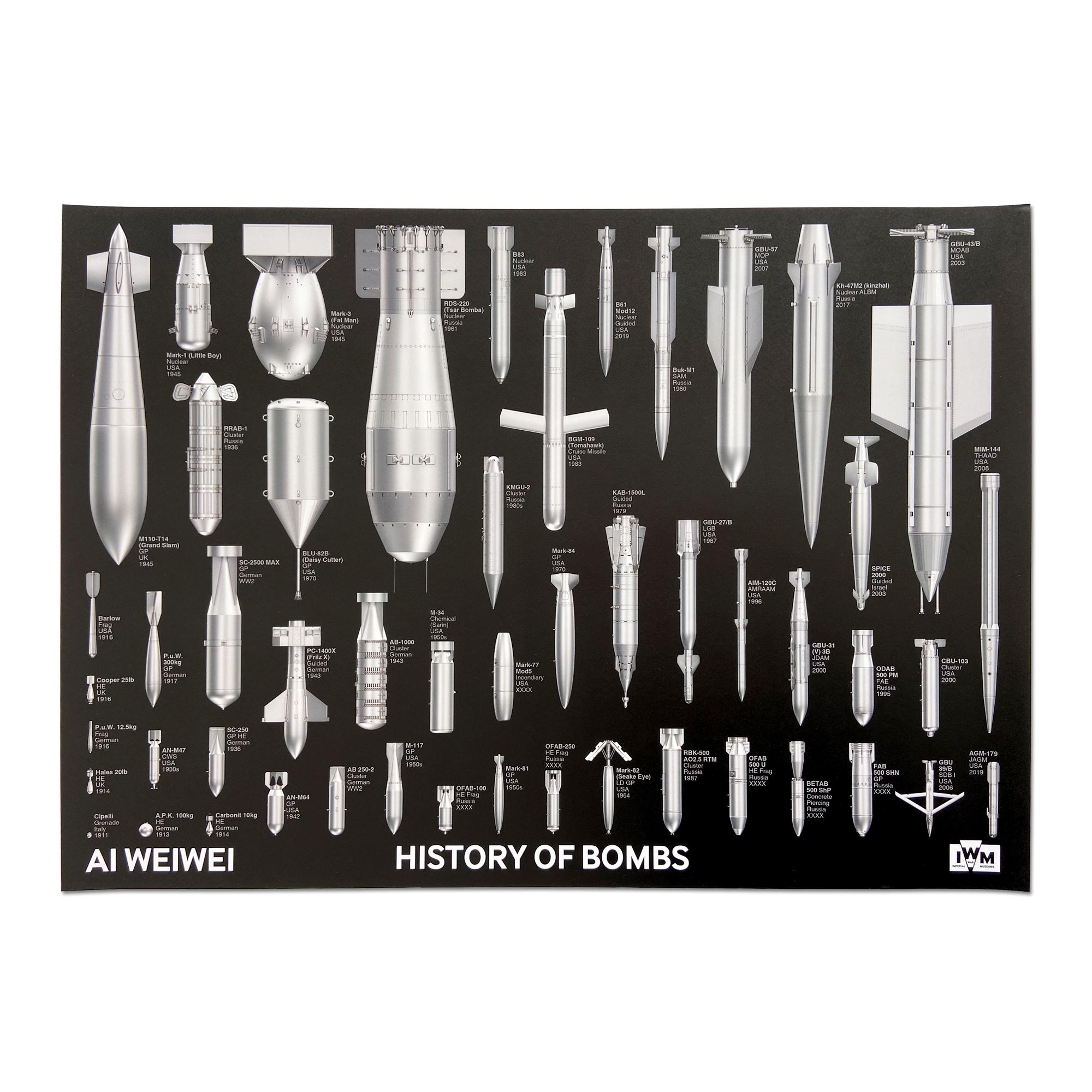Ai Weiwei (Chinese, b. 1957)
History of Bombs, 2020
Medium: Digital print on 170gsm arco paper
Dimensions: 19.7 x 27.6 in (50 x 70 cm)
Edition of 1000: Printed signature on accompanying certificate of authenticity
Condition: Excellent