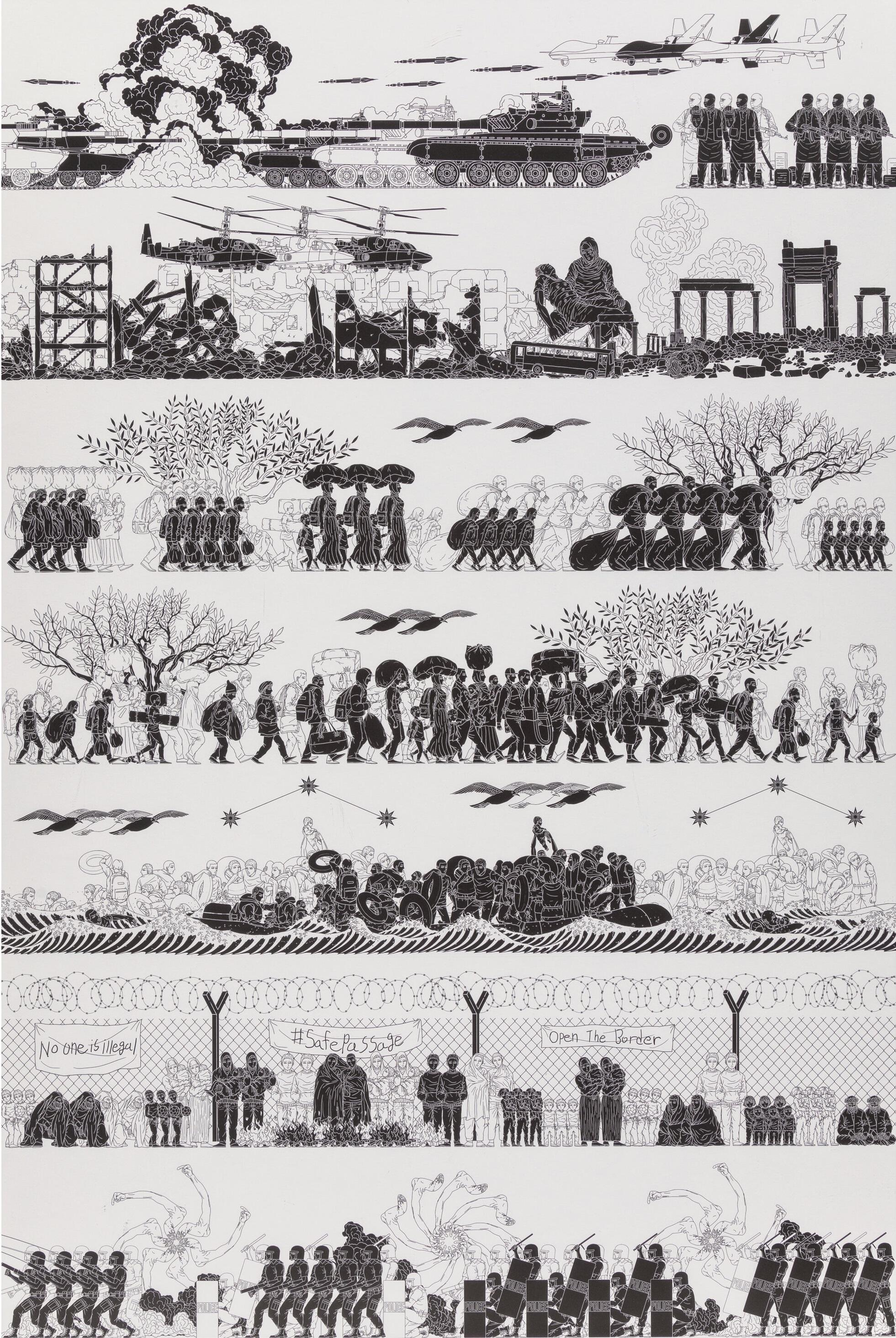 Ai Weiwei - Odyssee (Offset-Lithographie, 2017)

Im Jahr 2017, inmitten wachsender globaler Ängste über Migration und nationale Trennungen, startete Ai Weiwei Good Fences Make Good Neighbors, eine umfassende öffentliche Kunstintervention in New York