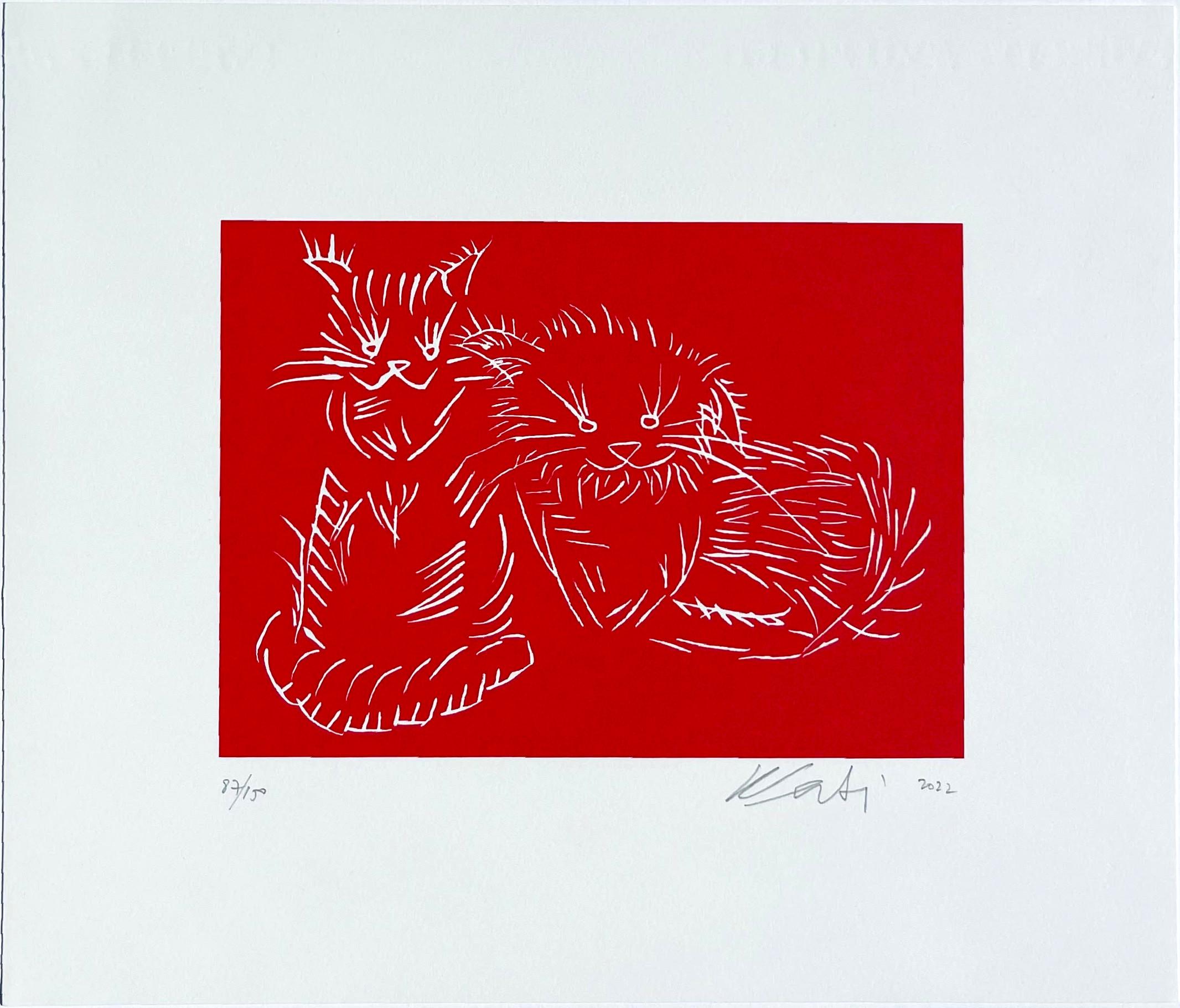 Ai Weiwei Abstract Print - Cats (Red), original silkscreen, hand signed 87/150 with official & gallery COAs