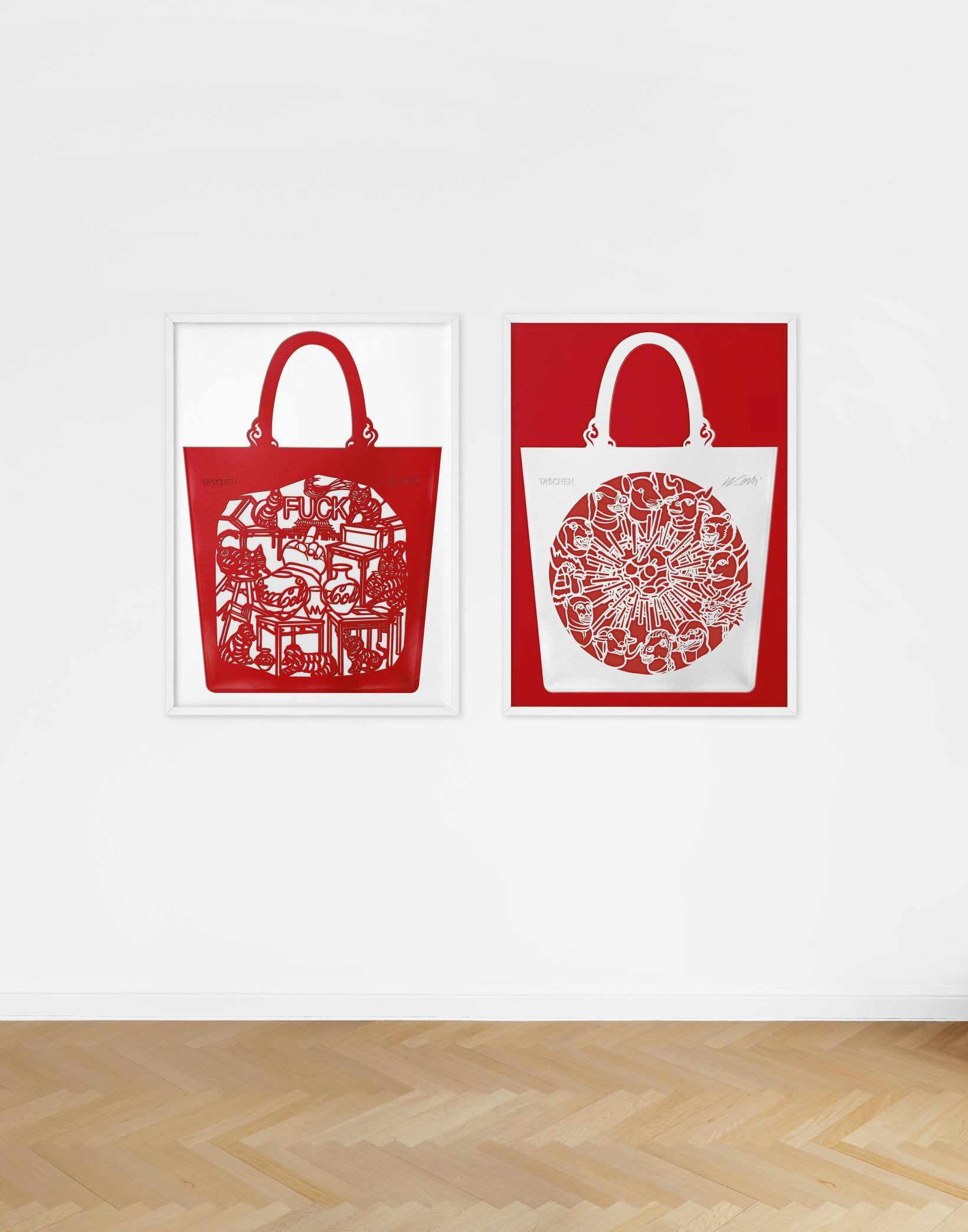Papercutting is a traditional Chinese art going back 2,000 years. The colored, intricately cut papers are used as a story-telling medium in festivities, for prayers, and as everyday decoration. The red bag takes its motif from a papercut created by