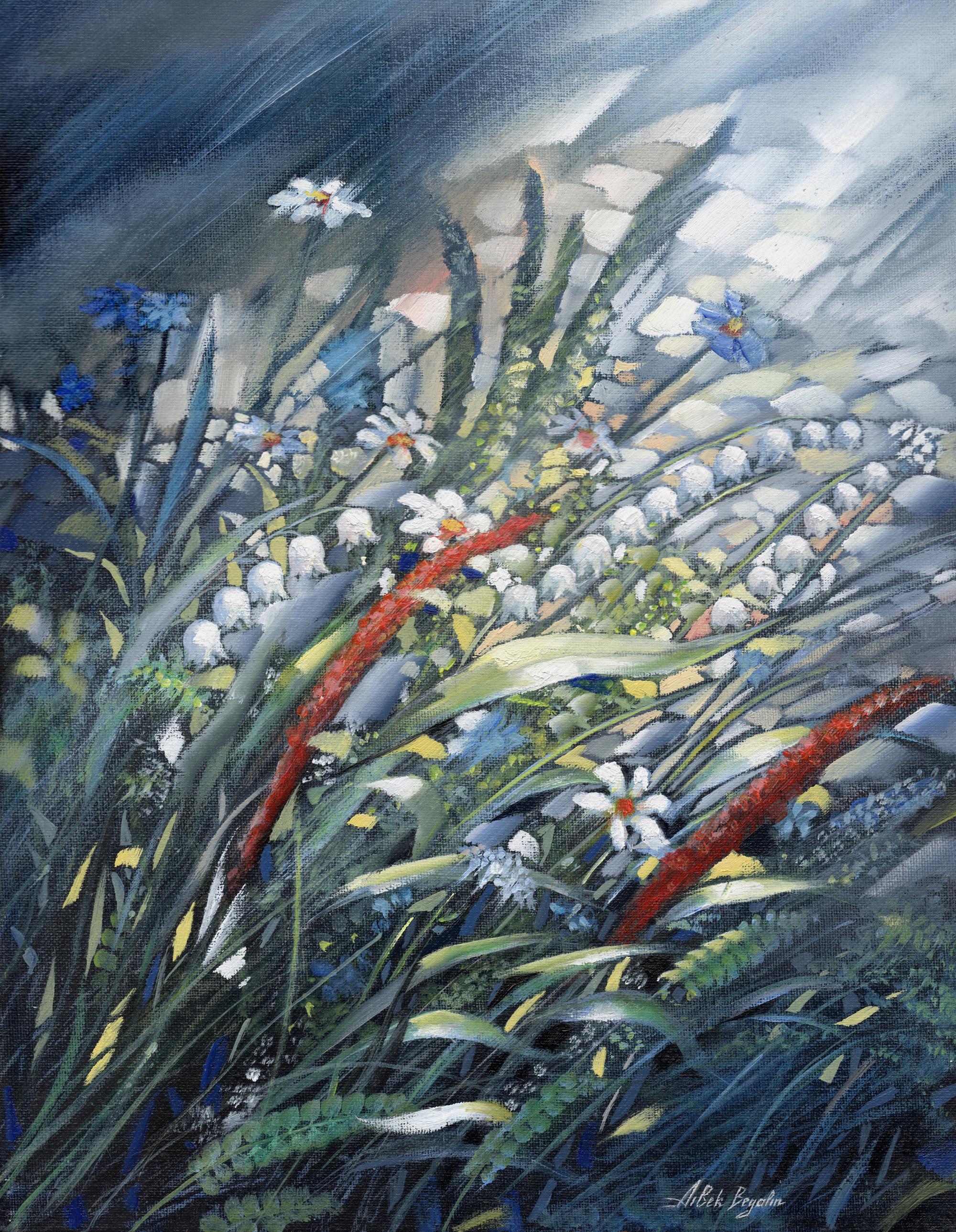 Landscape Painting di Aibek Begalin - Dopo la pioggia, Fiori, Pittura ad olio originale, Pezzo unico