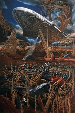 Airship, Surrealismus, Großformatiges Original-Ölgemälde in Originalgröße, hängefertig