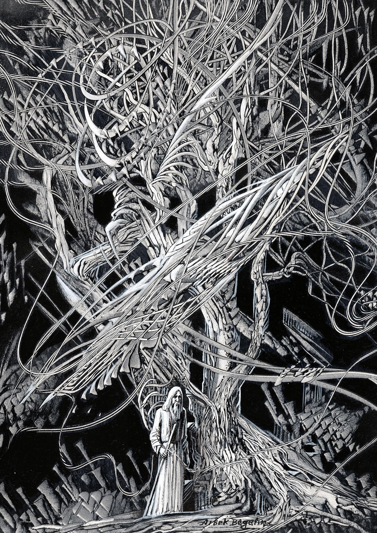 Druido, Bianco e nero, Pittura originale, Unico nel suo genere