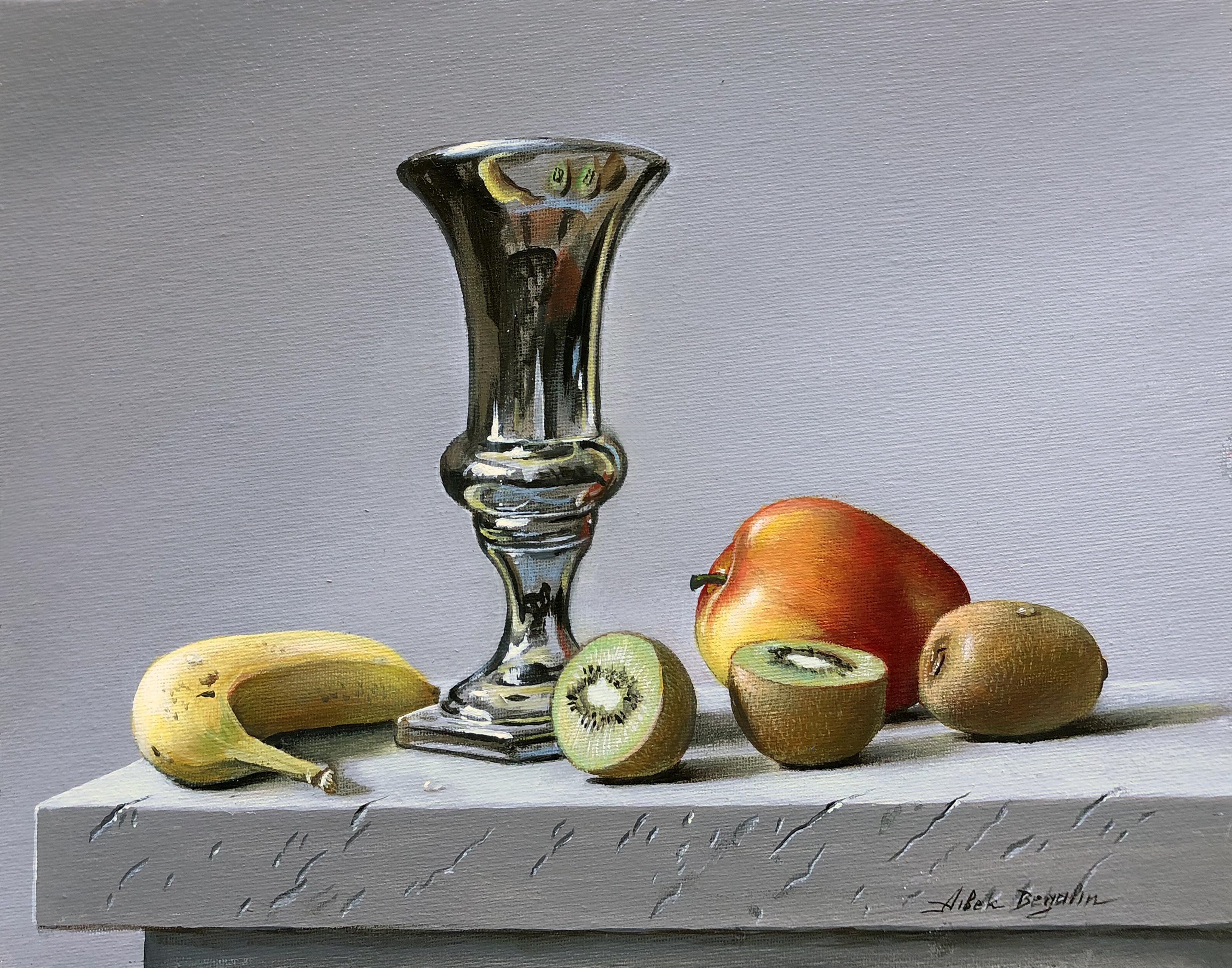 Still-Life Painting Aibek Begalin - Gobelet et fruits, peinture à l'huile originale, unique en son genre