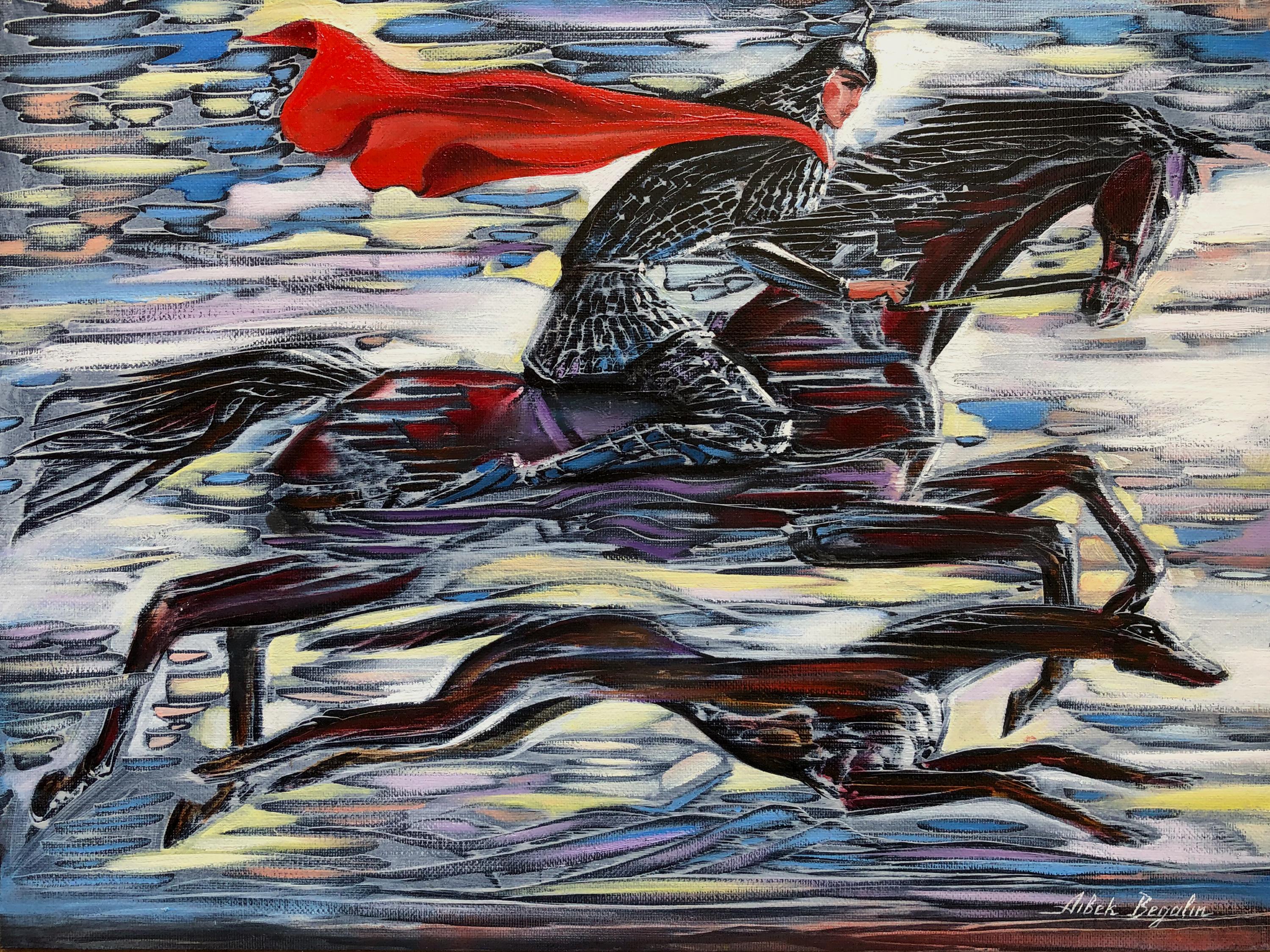 Figurative Painting Aibek Begalin - Horseman and Dog, peinture à l'huile originale, unique en son genre