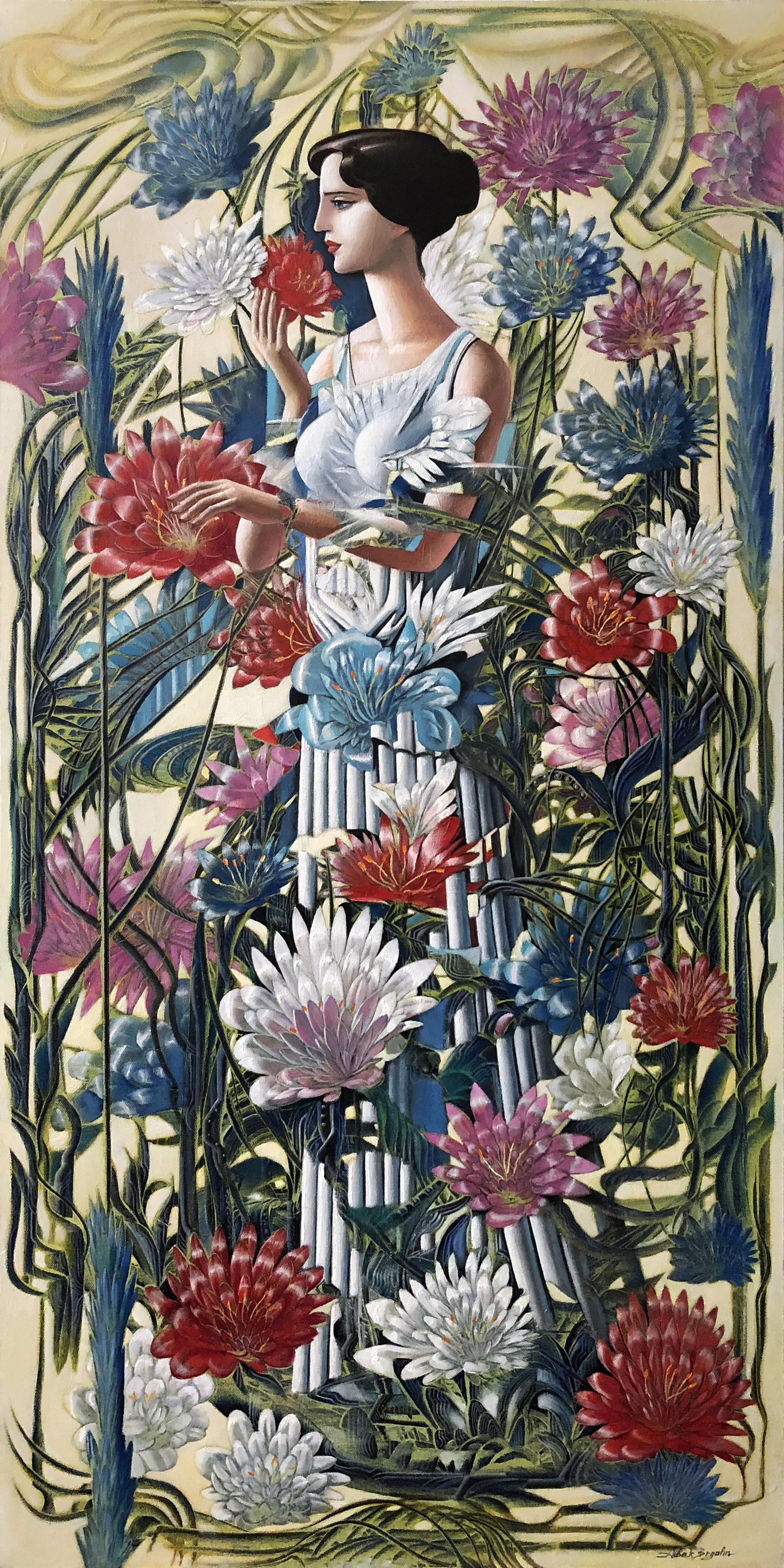 Figurative Painting Aibek Begalin - Dans le jardin, peinture à l'huile originale, unique en son genre