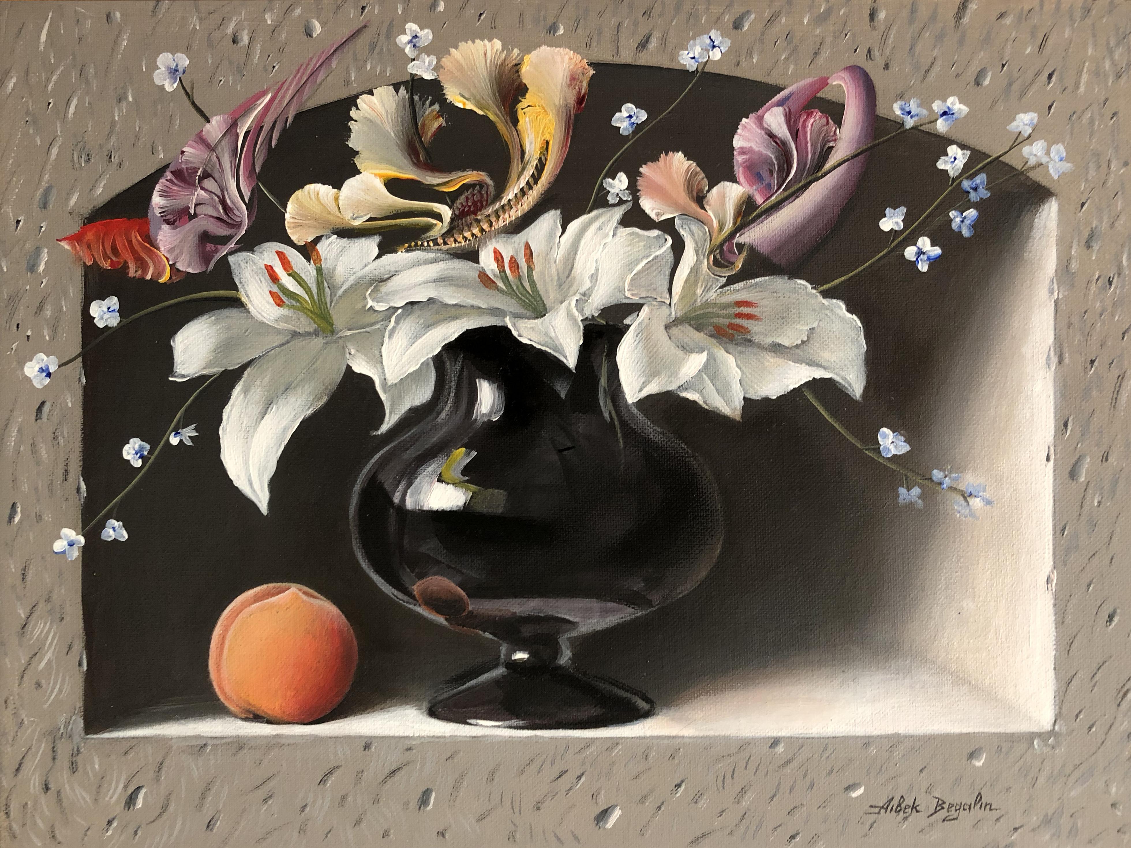 Still-Life Painting Aibek Begalin - Lilies et pêches, peinture à l'huile originale, unique en son genre