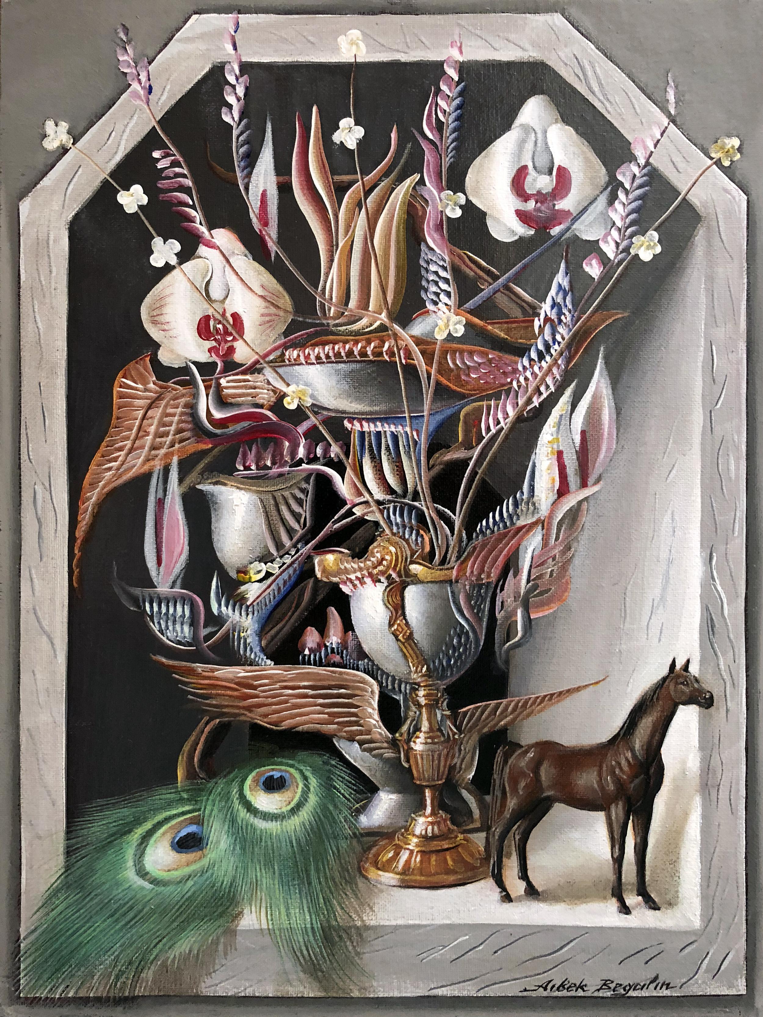 Still-Life Painting Aibek Begalin - rêve de paon, peinture à l'huile originale, unique en son genre