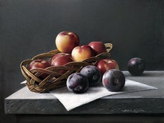 Nature morte avec un panier, peinture à l'huile originale, unique en son genre