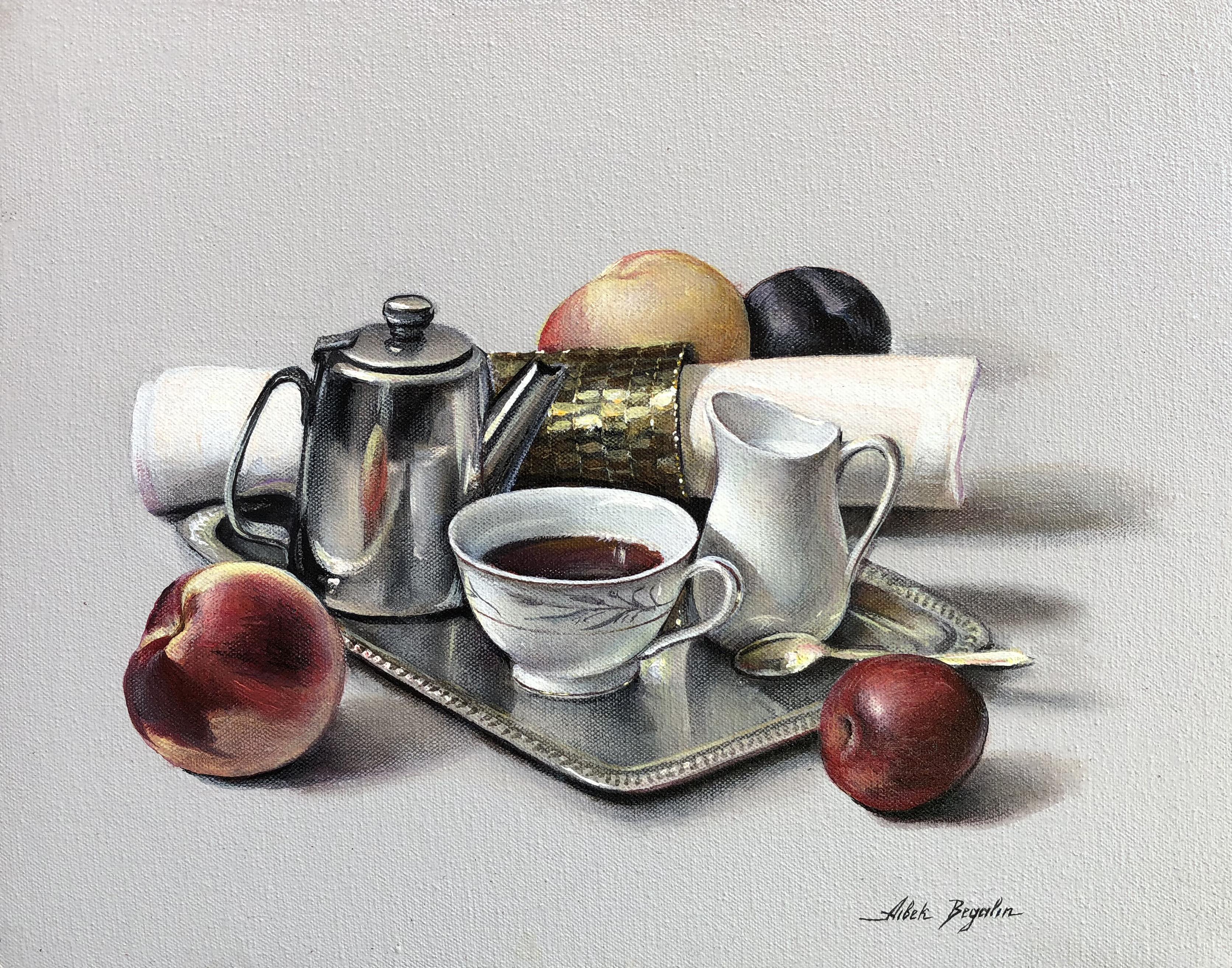 Still-Life Painting Aibek Begalin - Thé et fruits, peinture à l'huile originale, unique en son genre