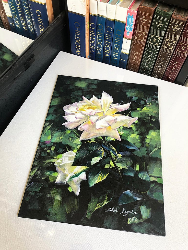 White Rose, Original Oil Painting, Handmade Artwork - Black Landscape Painting by Aibek Begalin