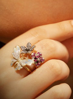 Aida Begsen 14 Karat Yellow Gold, Diamond and Enamel Butterfly Ring